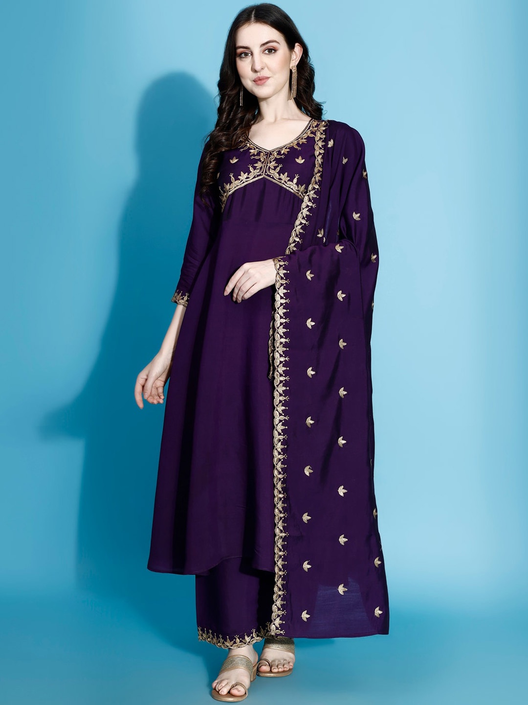 KALINI Ethnic Motifs Embroidered Thread Work Anarkali Kurta With Palazzos & Dupatta, Purple
KALINI Ethnic Motifs Embroidered Thread Work Anarkali Kurta With Palazzos & Dupatta, Purple