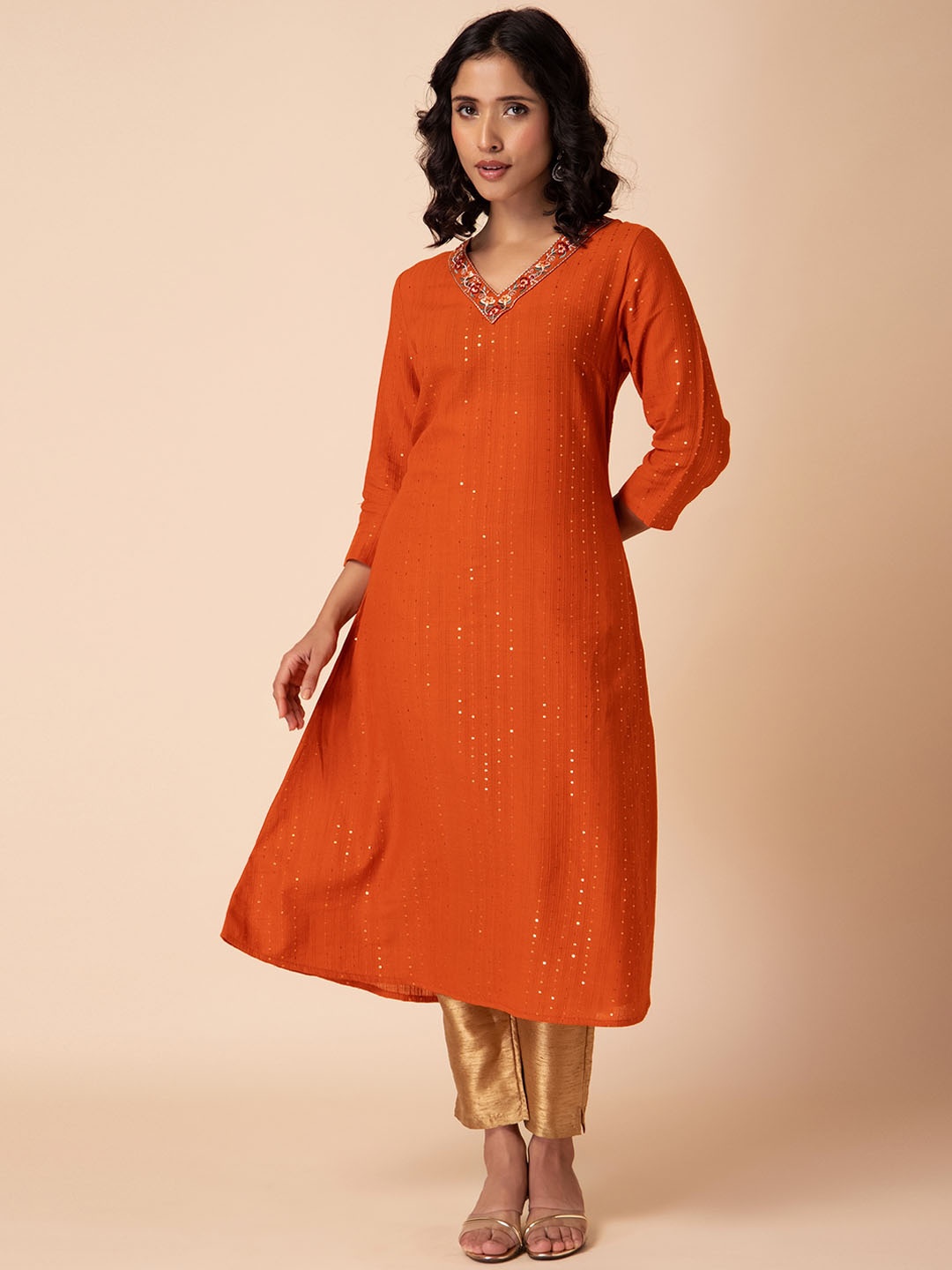 INDYA Striped Embroidered V-Neck Three-Quarter Sleeves Sequins A-Line Cotton Kurta, Orange
INDYA Striped Embroidered V-Neck Three-Quarter Sleeves Sequins A-Line Cotton Kurta, Orange