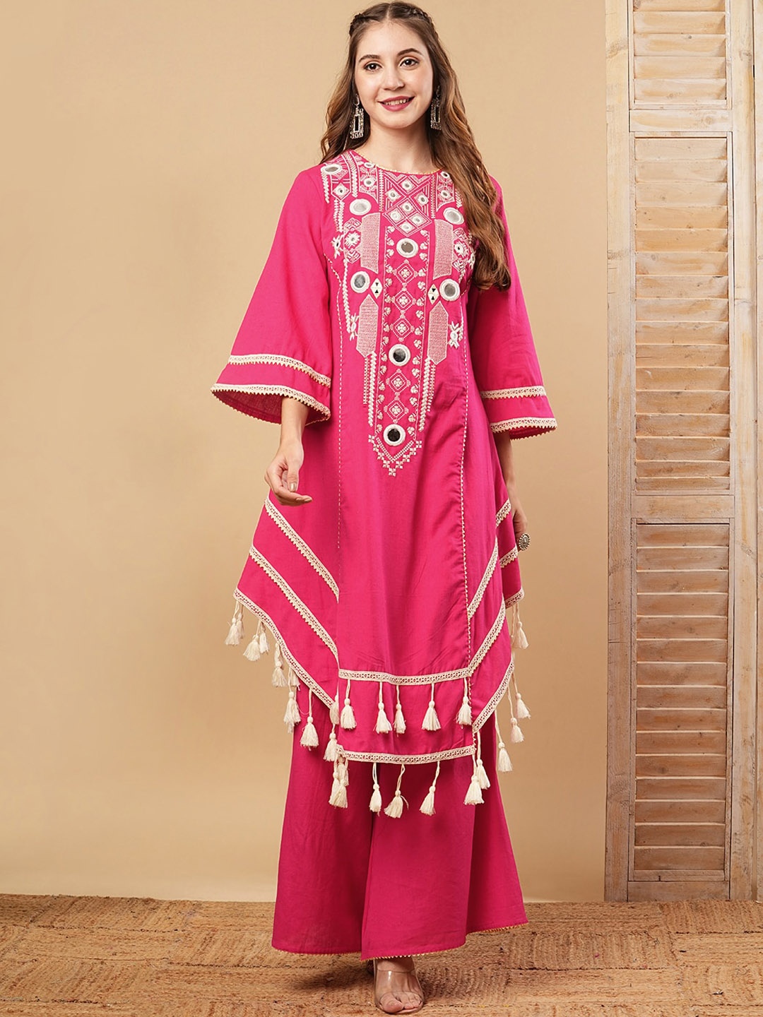 FASHOR Ethnic Motifs Embroidered Mirror Work Pure Cotton A-Line Kurta With Palazzo, Pink
FASHOR Ethnic Motifs Embroidered Mirror Work Pure Cotton A-Line Kurta With Palazzo, Pink