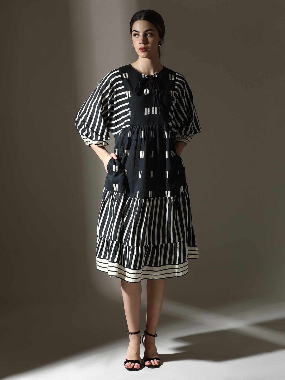 Dora Dori Relaxed Fit Striped Pure Cotton Round Neck Kimono Sleeves Dress, Black
Dora Dori Relaxed Fit Striped Pure Cotton Round Neck Kimono Sleeves Dress, Black