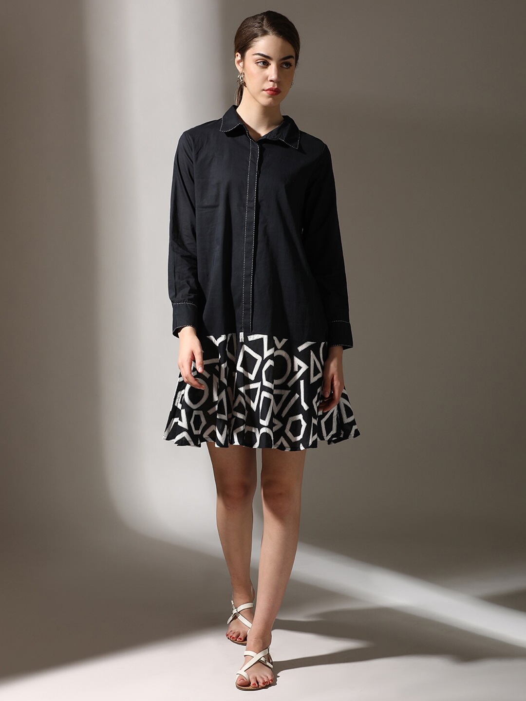 Dora Dori Abstract Printed Pure Cotton Shirt Collar Thread Work Cuffed Sleeves Dress, Black
Dora Dori Abstract Printed Pure Cotton Shirt Collar Thread Work Cuffed Sleeves Dress, Black