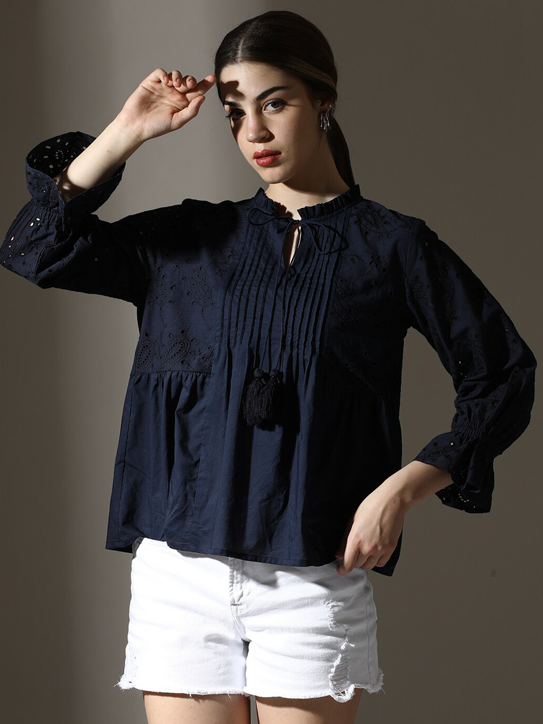 Dora Dori Relaxed Fit Solid Pure Cotton Embroidered Round Neck Puff Sleeves Top, Navy blue
Dora Dori Relaxed Fit Solid Pure Cotton Embroidered Round Neck Puff Sleeves Top, Navy blue