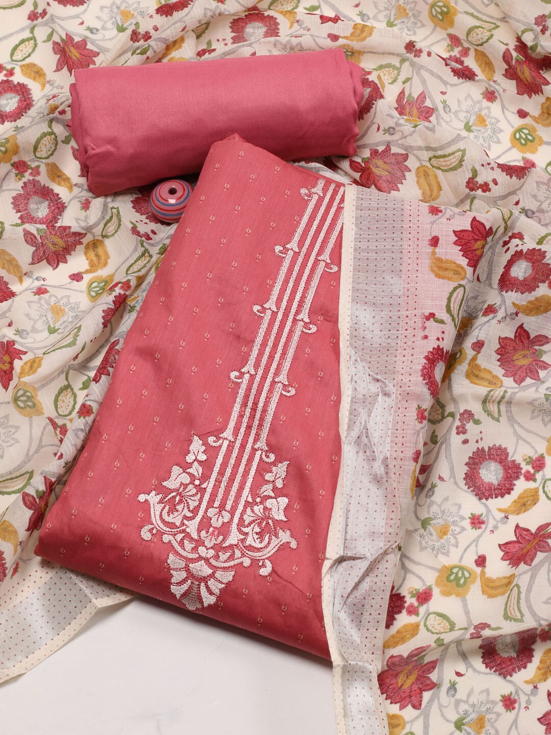 Meena Bazaar Printed Unstitched Dress Material, Pink
