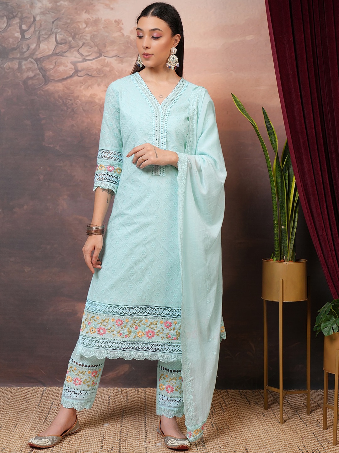 Vishudh Floral Embroidered Regular Thread Work Pure Cotton Kurta with Trouser & Dupatta, Blue
Vishudh Floral Embroidered Regular Thread Work Pure Cotton Kurta with Trouser & Dupatta, Blue