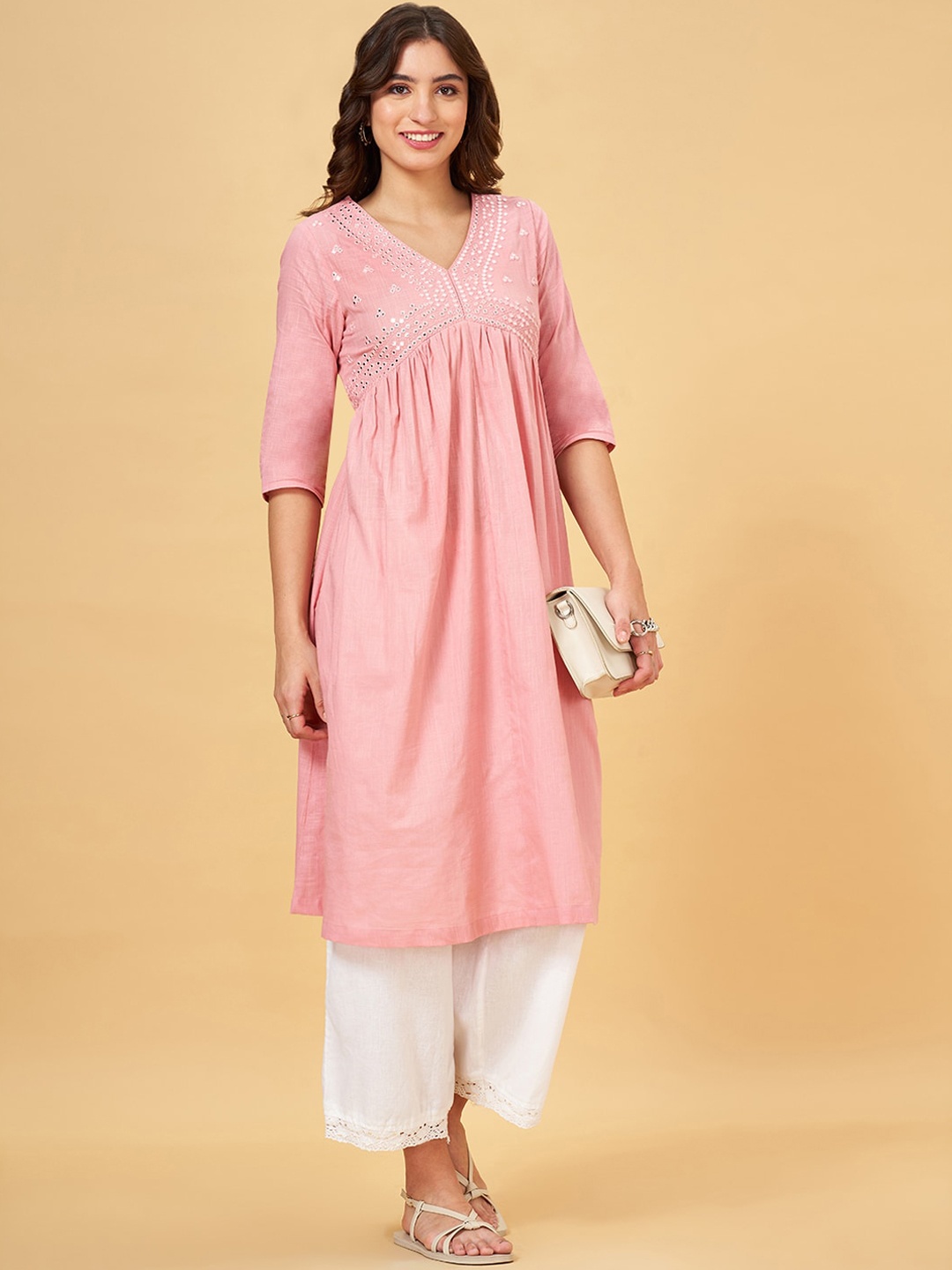 RANGMANCH BY PANTALOONS Ethnic Motifs Embroidered Mirror Work Pure Cotton Empire Kurta, Pink
RANGMANCH BY PANTALOONS Ethnic Motifs Embroidered Mirror Work Pure Cotton Empire Kurta, Pink