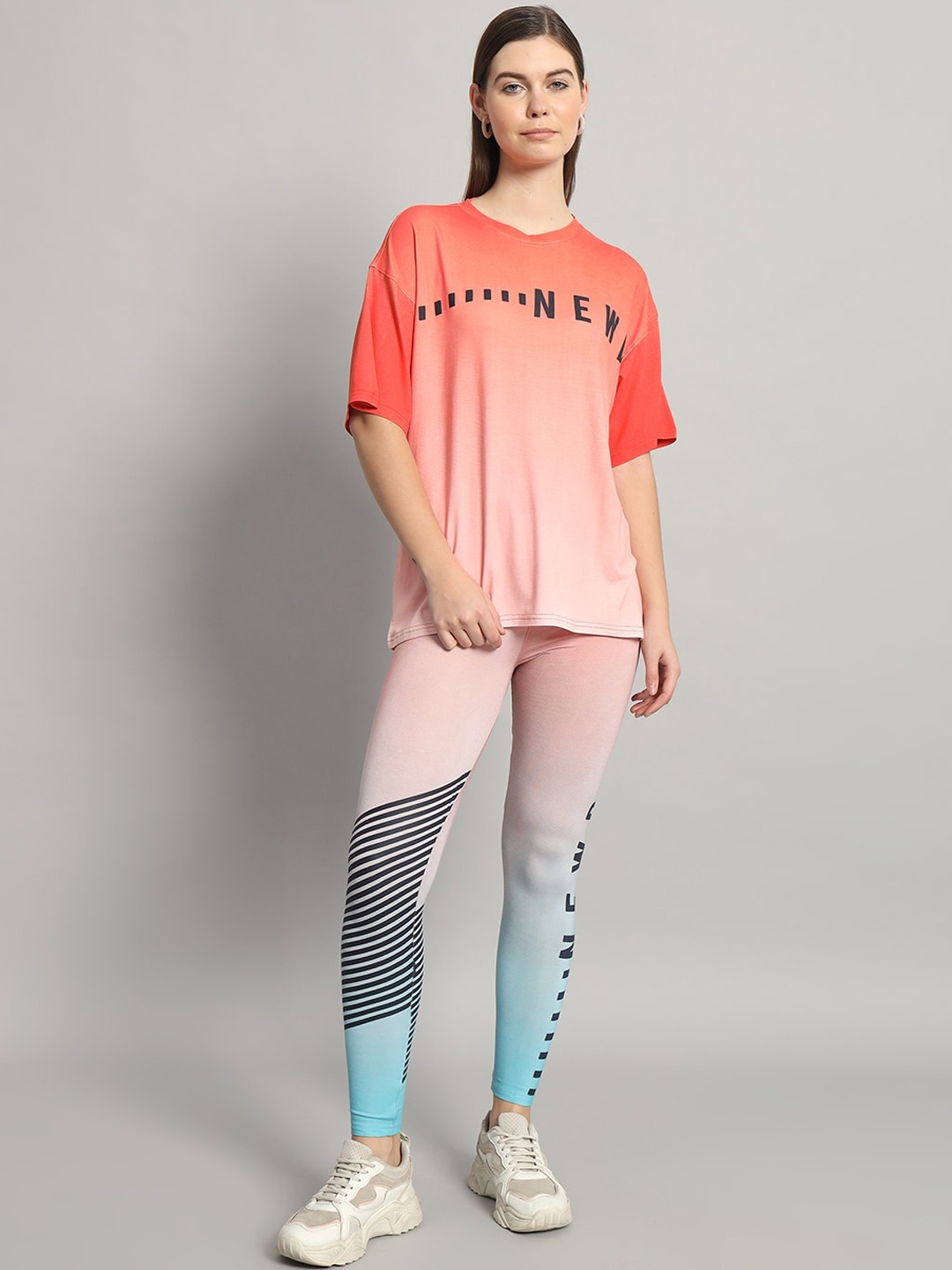 NEWD Printed Top & Leggings Sports Co-Ords, Orange