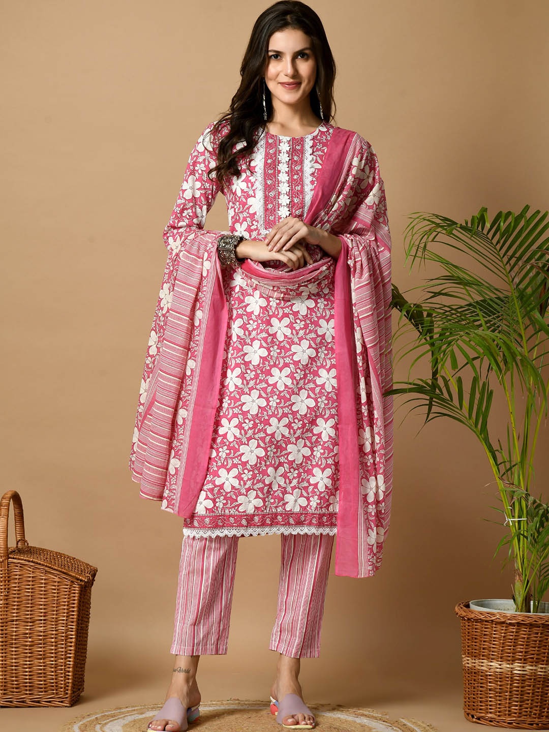 KALINI Round Neck Floral Printed Pure Cotton Straight Kurta with Trousers & Dupatta, Pink
KALINI Round Neck Floral Printed Pure Cotton Straight Kurta with Trousers & Dupatta, Pink