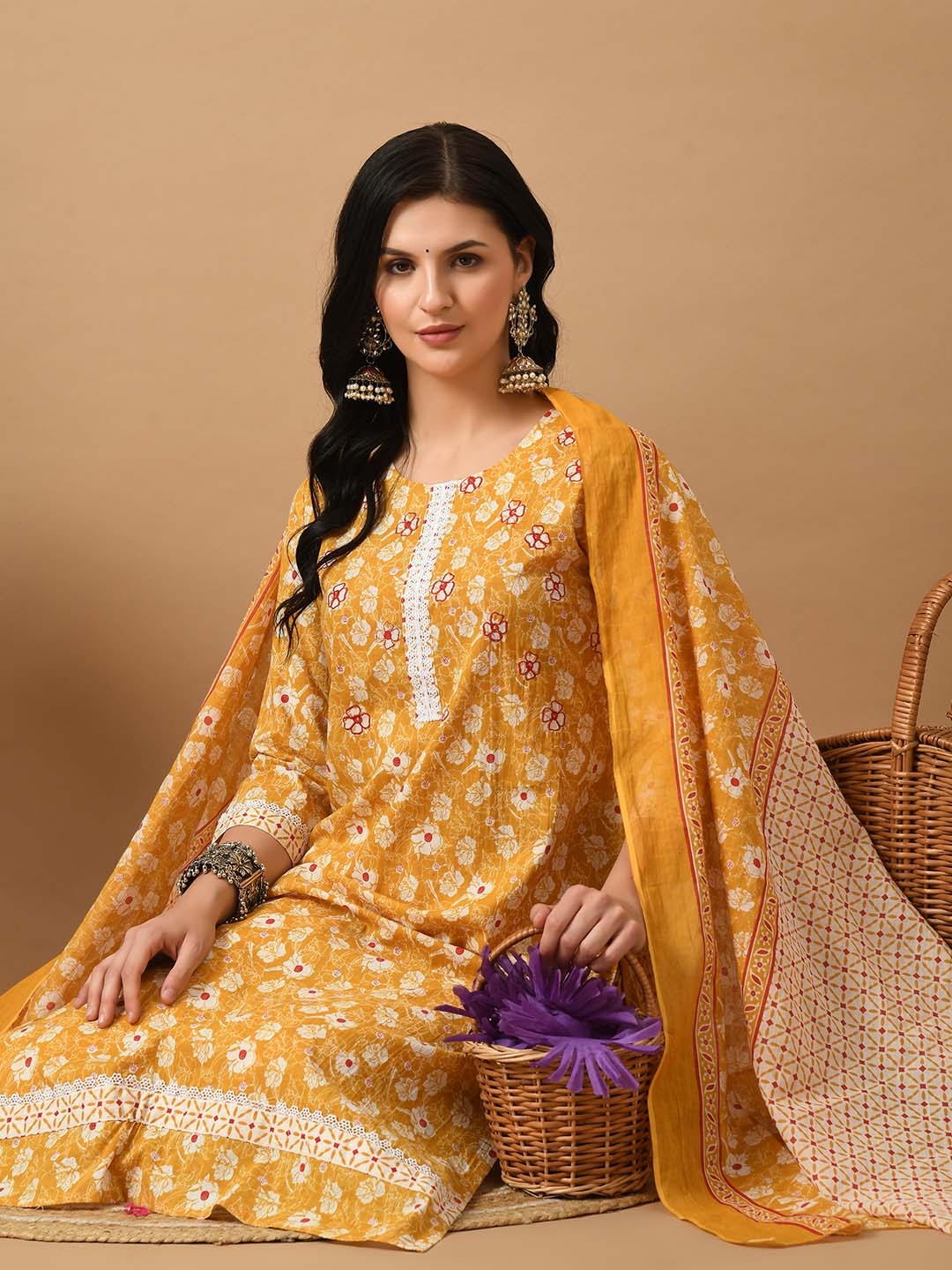 KALINI Floral Printed Regular Pure Cotton Straight Kurta With Trousers & Dupatta, Yellow
KALINI Floral Printed Regular Pure Cotton Straight Kurta With Trousers & Dupatta, Yellow