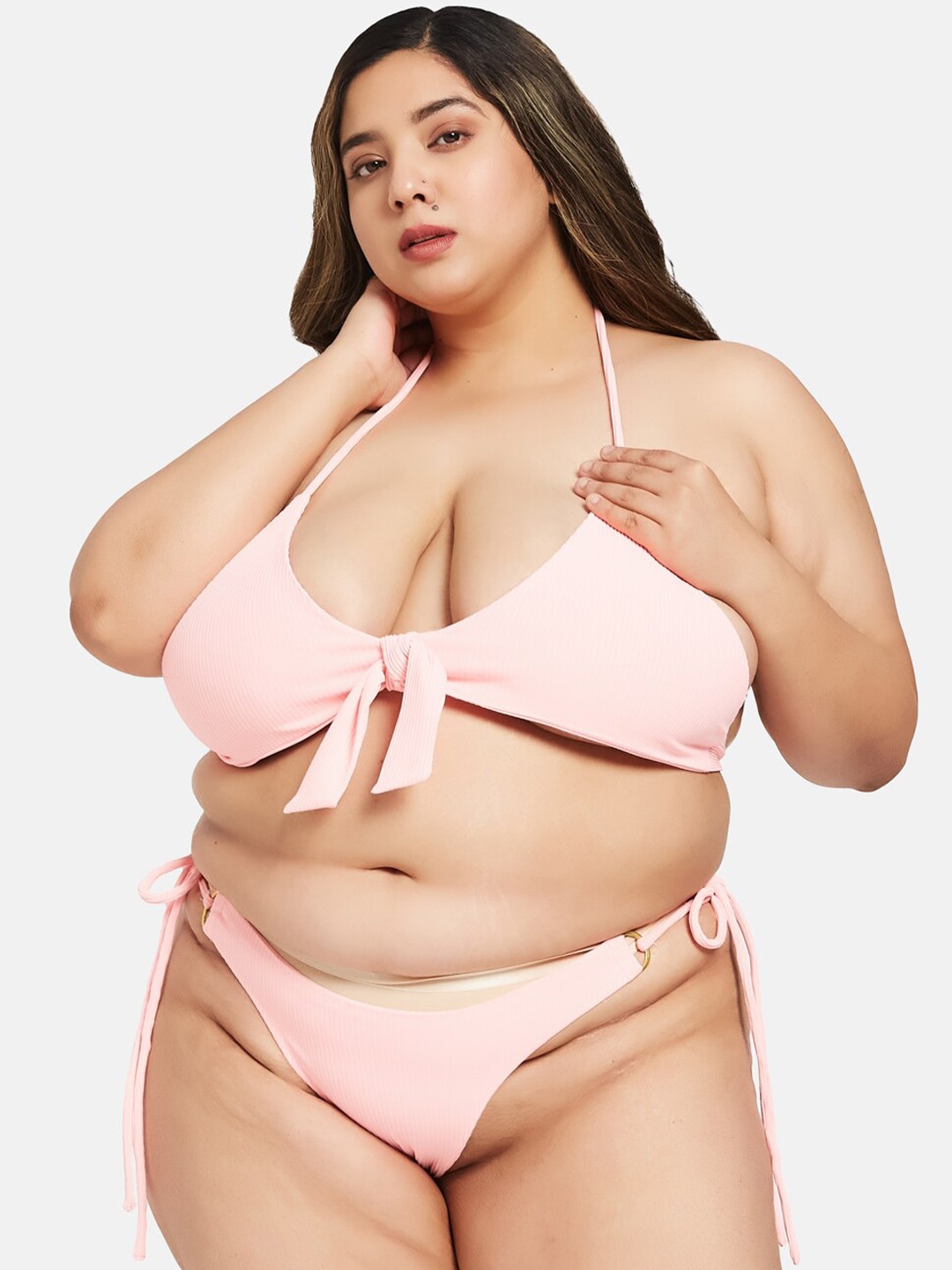 Curves By ZeroKaata Plus Size Halter Neck Swim Bikini Set, Pink