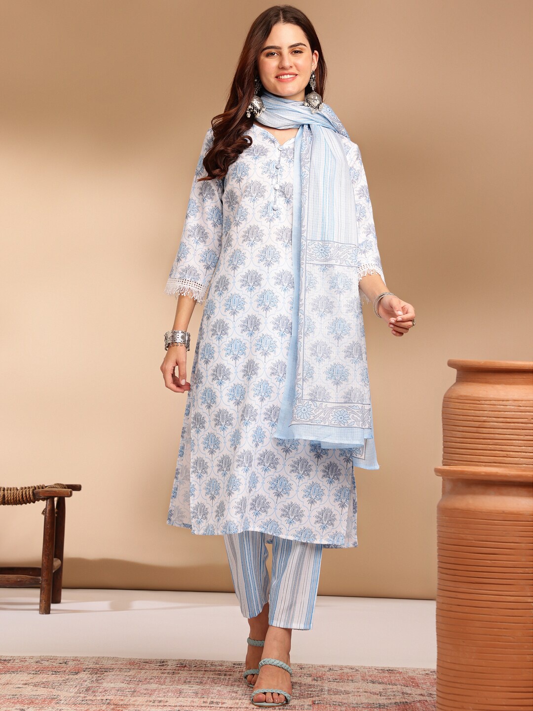 KALINI Floral Printed V-Neck Calf Length Straight Kurta With Trousers & Dupatta, Blue
KALINI Floral Printed V-Neck Calf Length Straight Kurta With Trousers & Dupatta, Blue