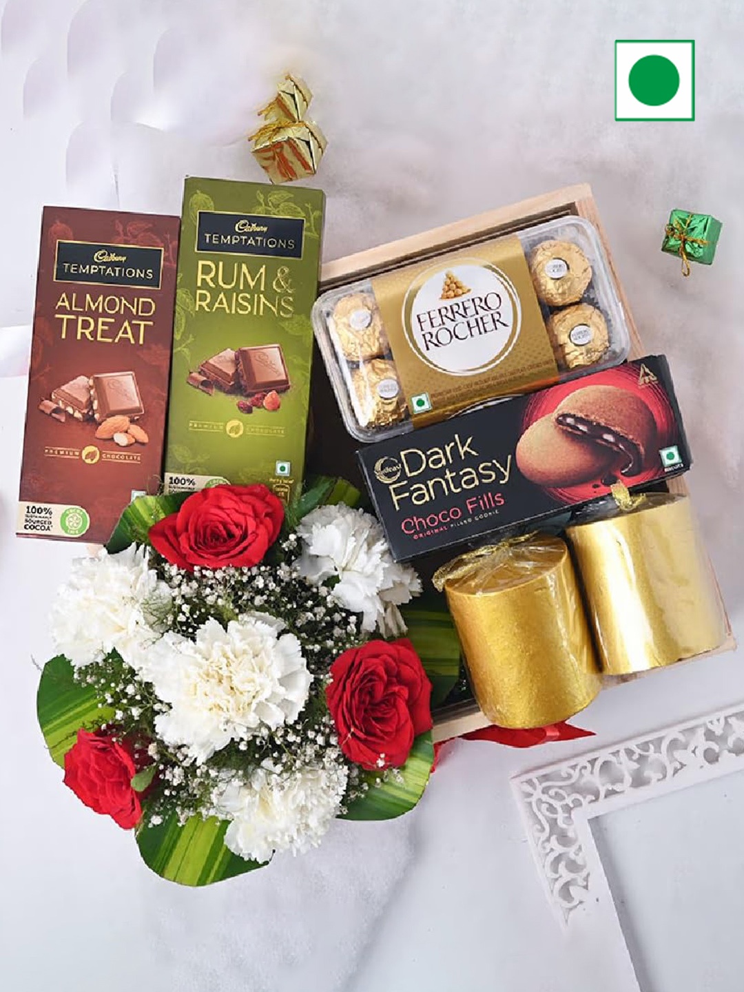 Floweraura Mix Flowers Chocolates With Candles & Ferrero Roachers Dark Fantasy- 800 Gm, Brown
Floweraura Mix Flowers Chocolates With Candles & Ferrero Roachers Dark Fantasy- 800 Gm, Brown