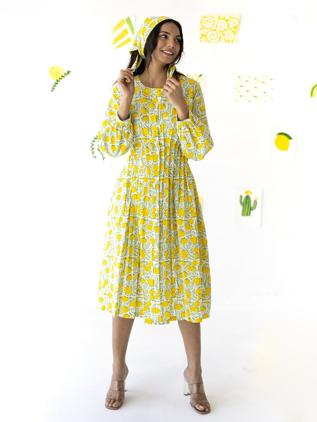 PINK CACTII Round Neck Long Puff Sleeves Cotton Floral Print Fit & Flare Midi Dress, Yellow
PINK CACTII Round Neck Long Puff Sleeves Cotton Floral Print Fit & Flare Midi Dress, Yellow