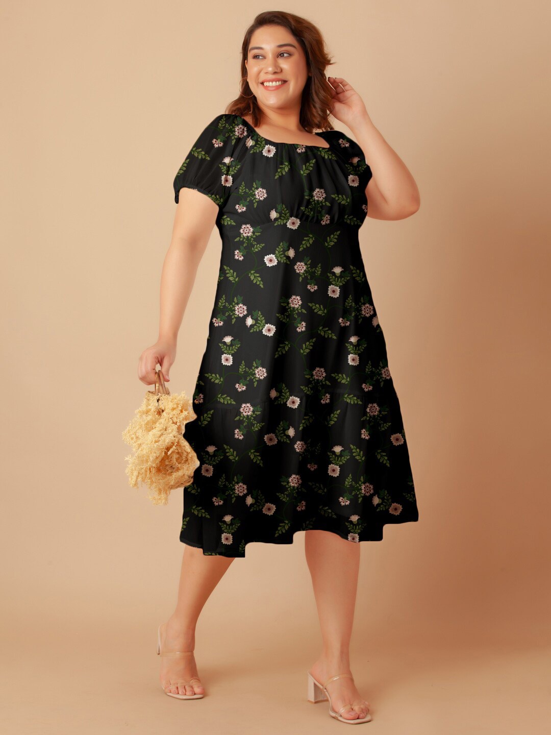 Zink Curve Plus Size Floral Printed Square Neck Puffed Sleeves Empire Midi Dress, Black
Zink Curve Plus Size Floral Printed Square Neck Puffed Sleeves Empire Midi Dress, Black