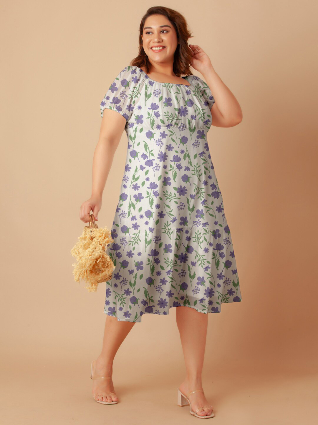 Zink Curve Plus Size Floral Printed Square Neck Puffed Sleeves Empire Midi Dress, White
Zink Curve Plus Size Floral Printed Square Neck Puffed Sleeves Empire Midi Dress, White