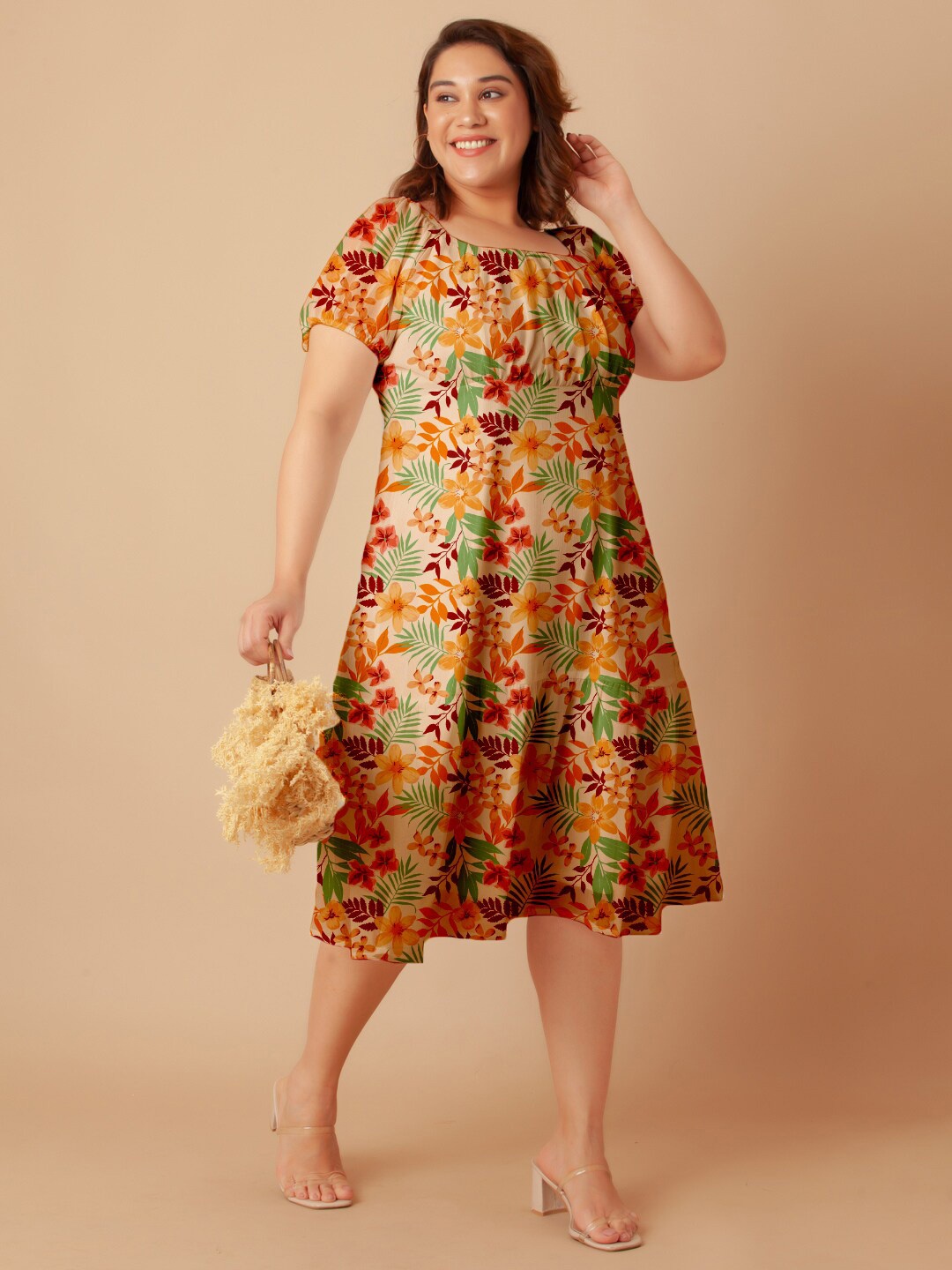 Zink Curve Plus Size Floral Printed Square Neck Puffed Sleeves Empire Midi Dress, Peach
Zink Curve Plus Size Floral Printed Square Neck Puffed Sleeves Empire Midi Dress, Peach