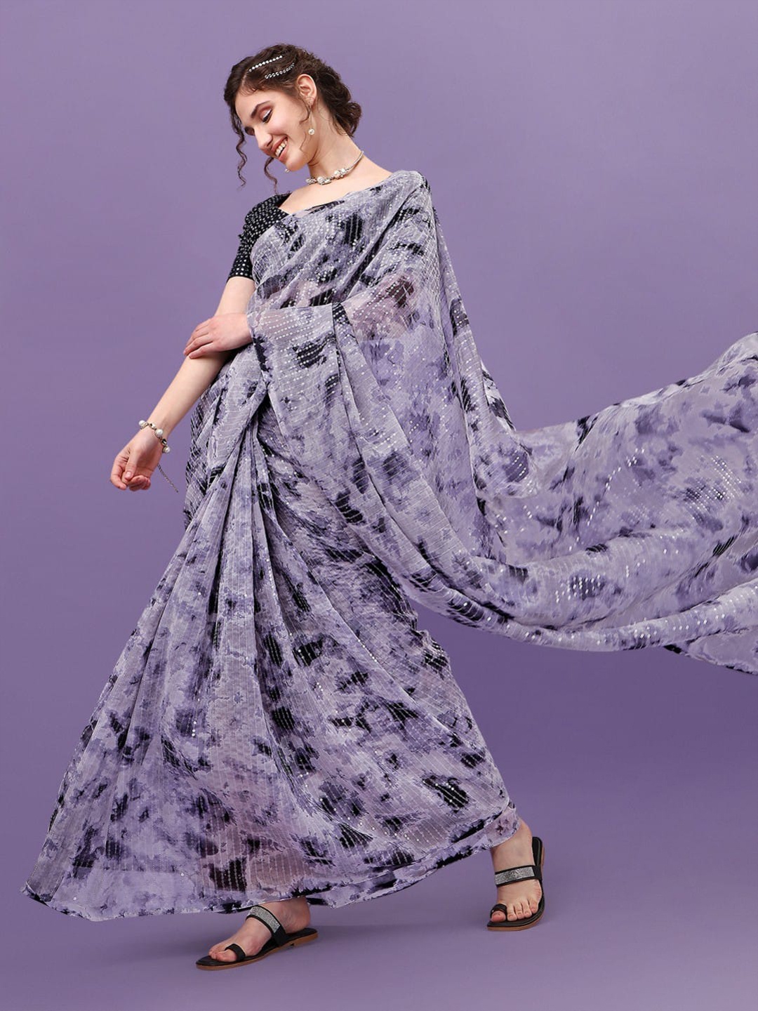 ALAGINI Embellished Sequinned Pure Georgette Chanderi Saree, Grey