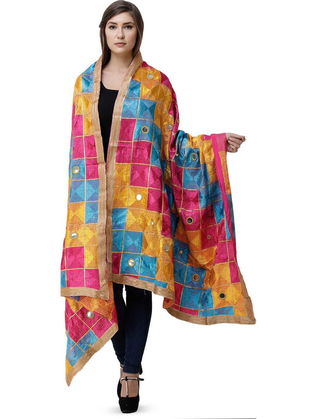 Exotic India Flambe And Cyan Phulkari Silk Dupatta with Embroidery All-Over & Mirror, Yellow
Exotic India Flambe And Cyan Phulkari Silk Dupatta with Embroidery All-Over & Mirror, Yellow
