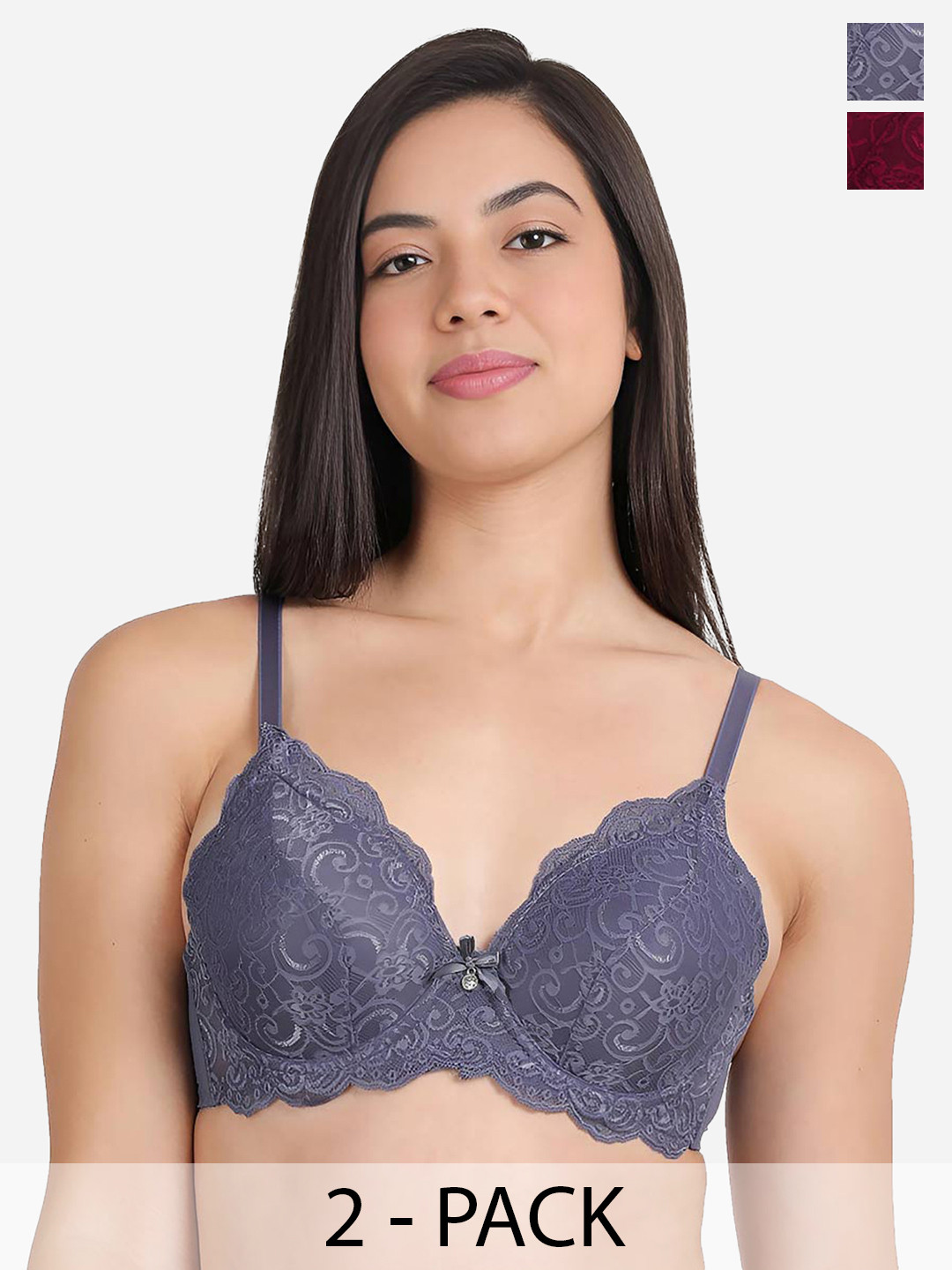 Susie Pack of 2 Floral Lace Full Coverage Lightly Padded Bra With All Day Comfort, Maroon
Susie Pack of 2 Floral Lace Full Coverage Lightly Padded Bra With All Day Comfort, Maroon