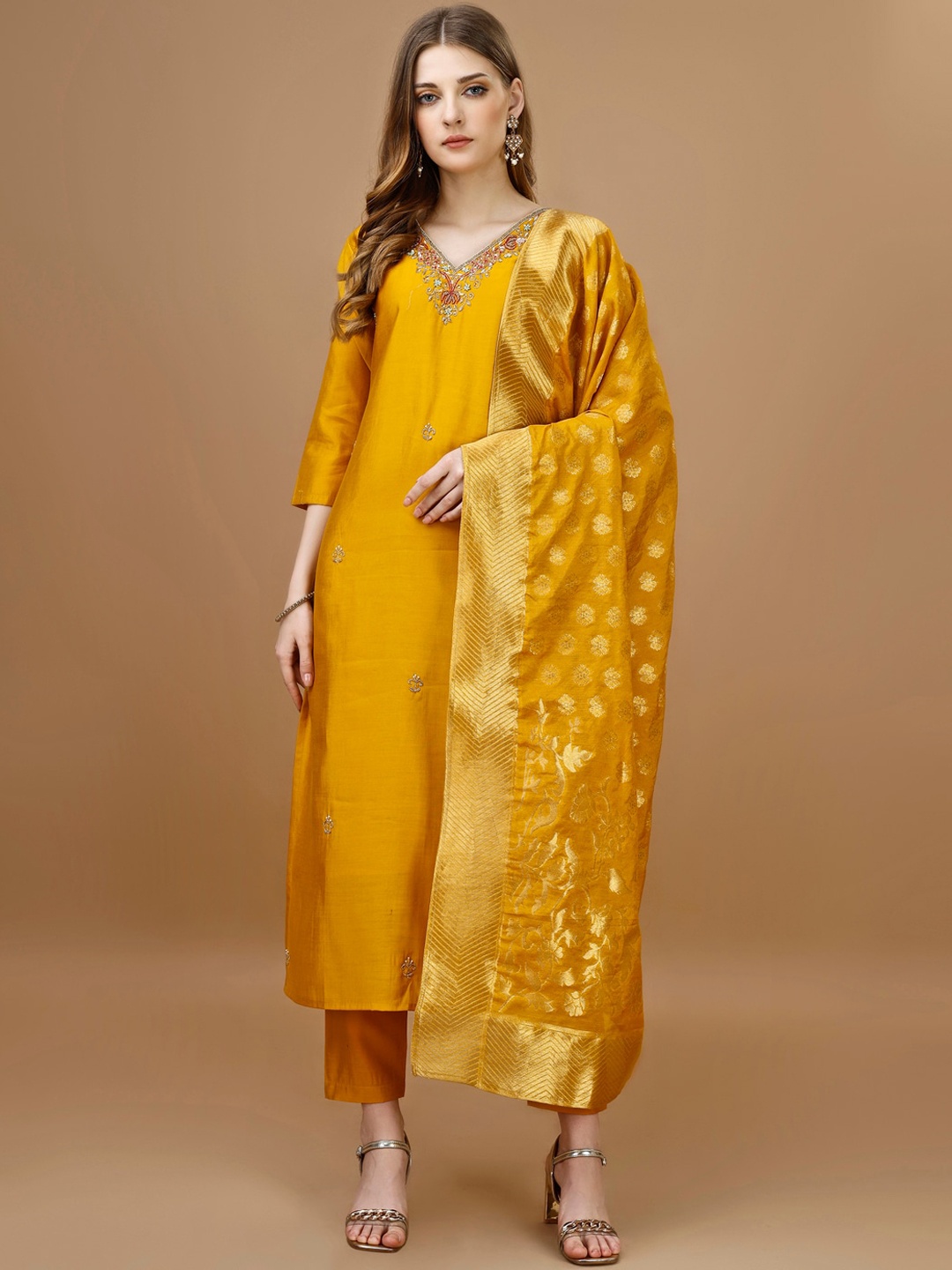 KALINI Embroidered Regular Chanderi Cotton Kurta with Trousers & With Dupatta, Mustard
KALINI Embroidered Regular Chanderi Cotton Kurta with Trousers & With Dupatta, Mustard
