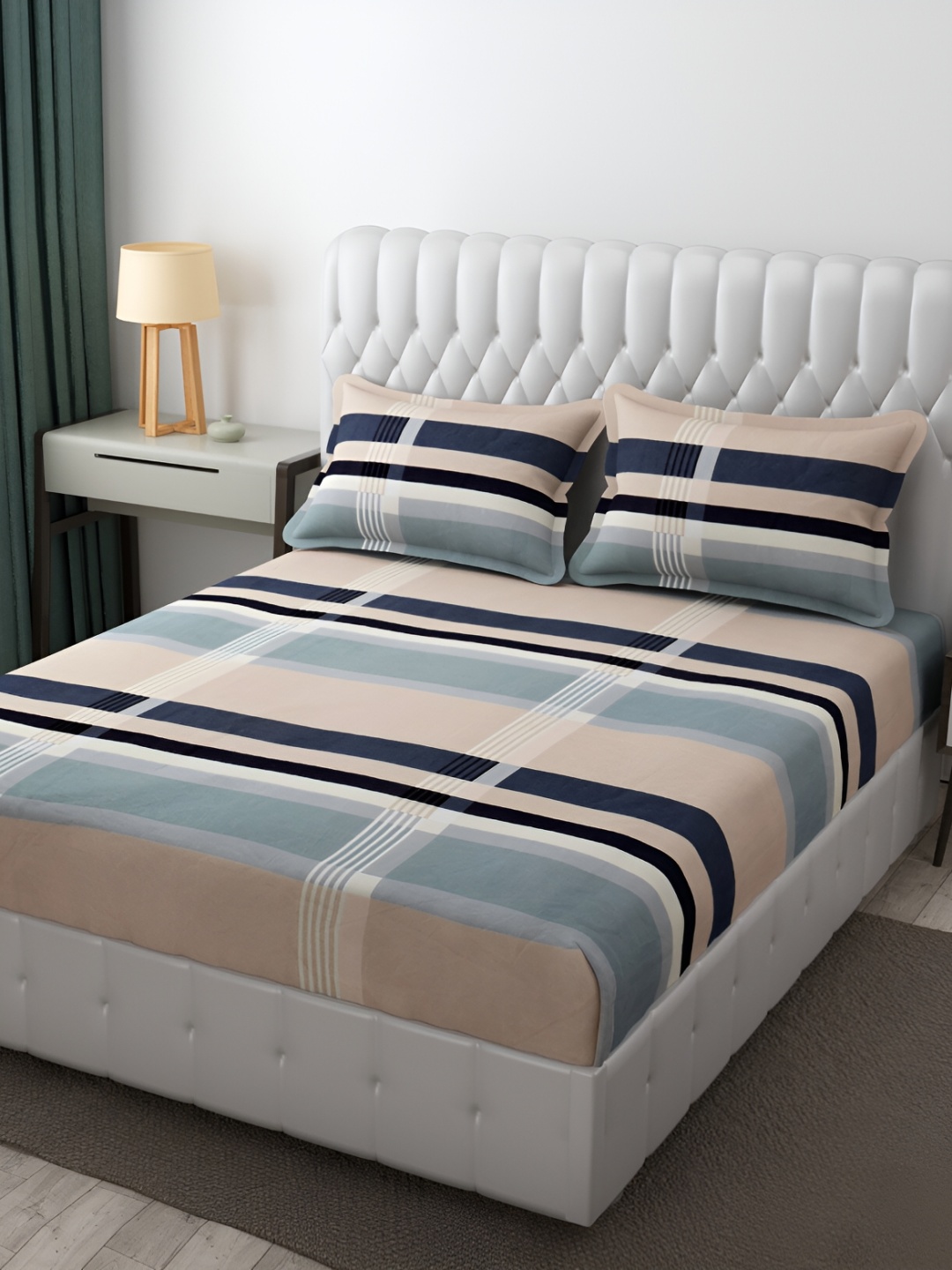 FINE TEX WORLD Beige & Navy Blue Geometric 210 TC King Bedsheet With 2 Pillow Covers
FINE TEX WORLD Beige & Navy Blue Geometric 210 TC King Bedsheet With 2 Pillow Covers