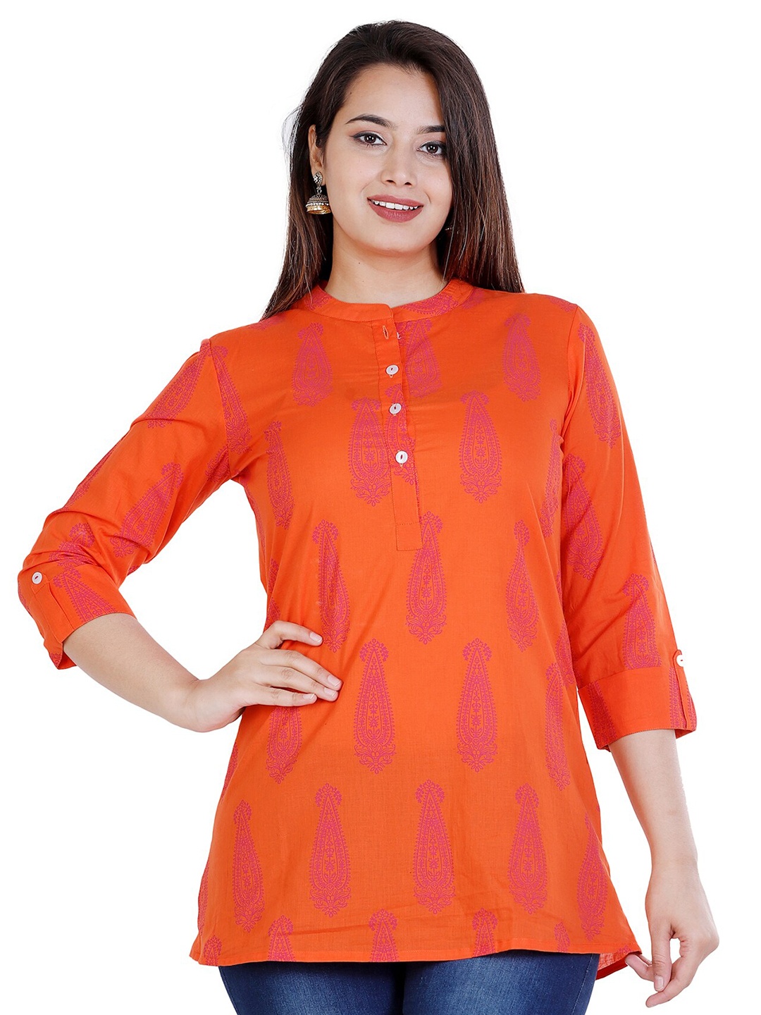 BAESD Ethnic Motif Printed Mandarin Collar Roll-Up Sleeves Cotton Longline Top, Orange
BAESD Ethnic Motif Printed Mandarin Collar Roll-Up Sleeves Cotton Longline Top, Orange