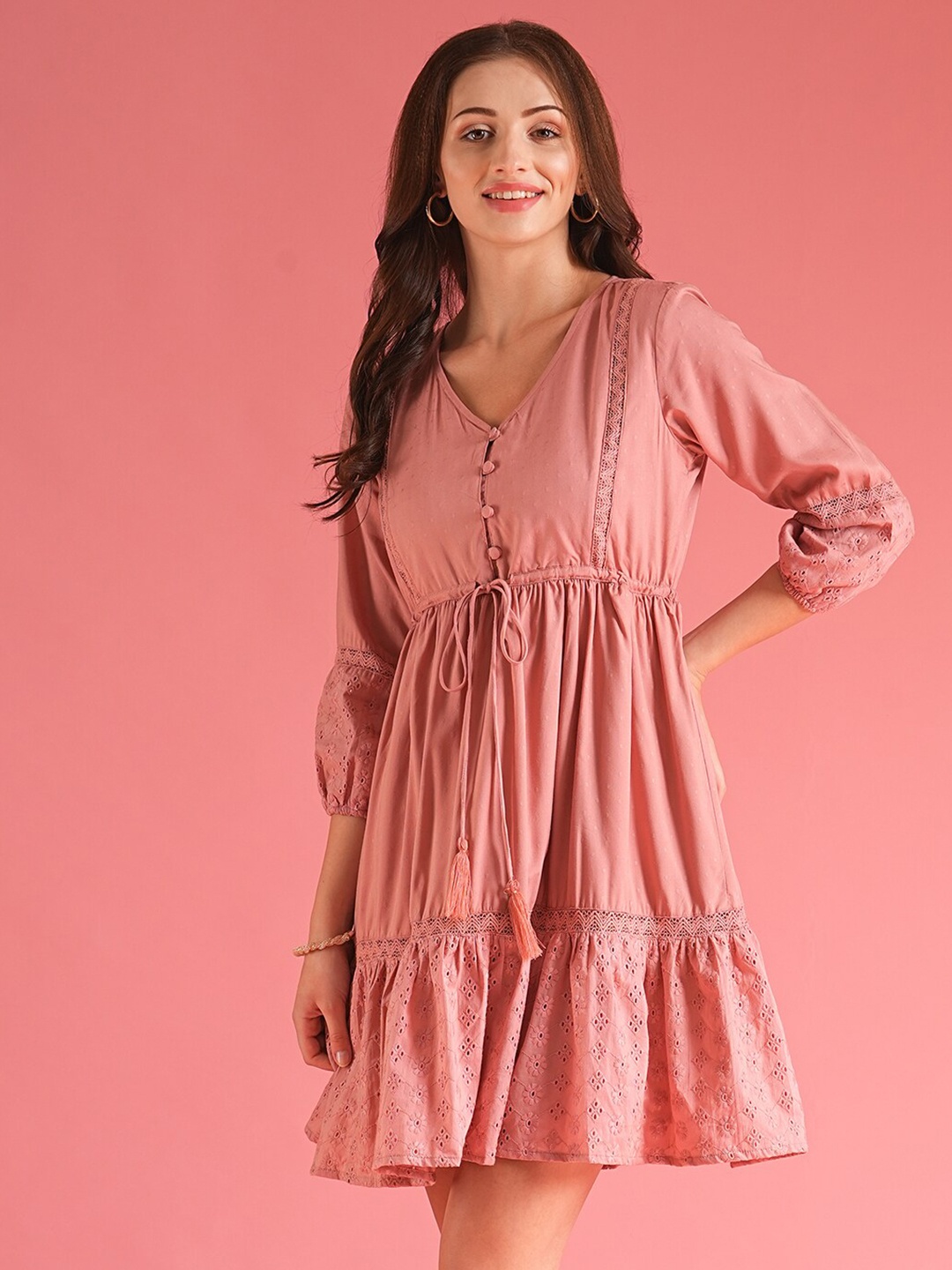 Globus V-Neck Self Design Lace Inserts Waist Tie-Up Fit & Flare Mini Schiffli Dress, Peach
Globus V-Neck Self Design Lace Inserts Waist Tie-Up Fit & Flare Mini Schiffli Dress, Peach