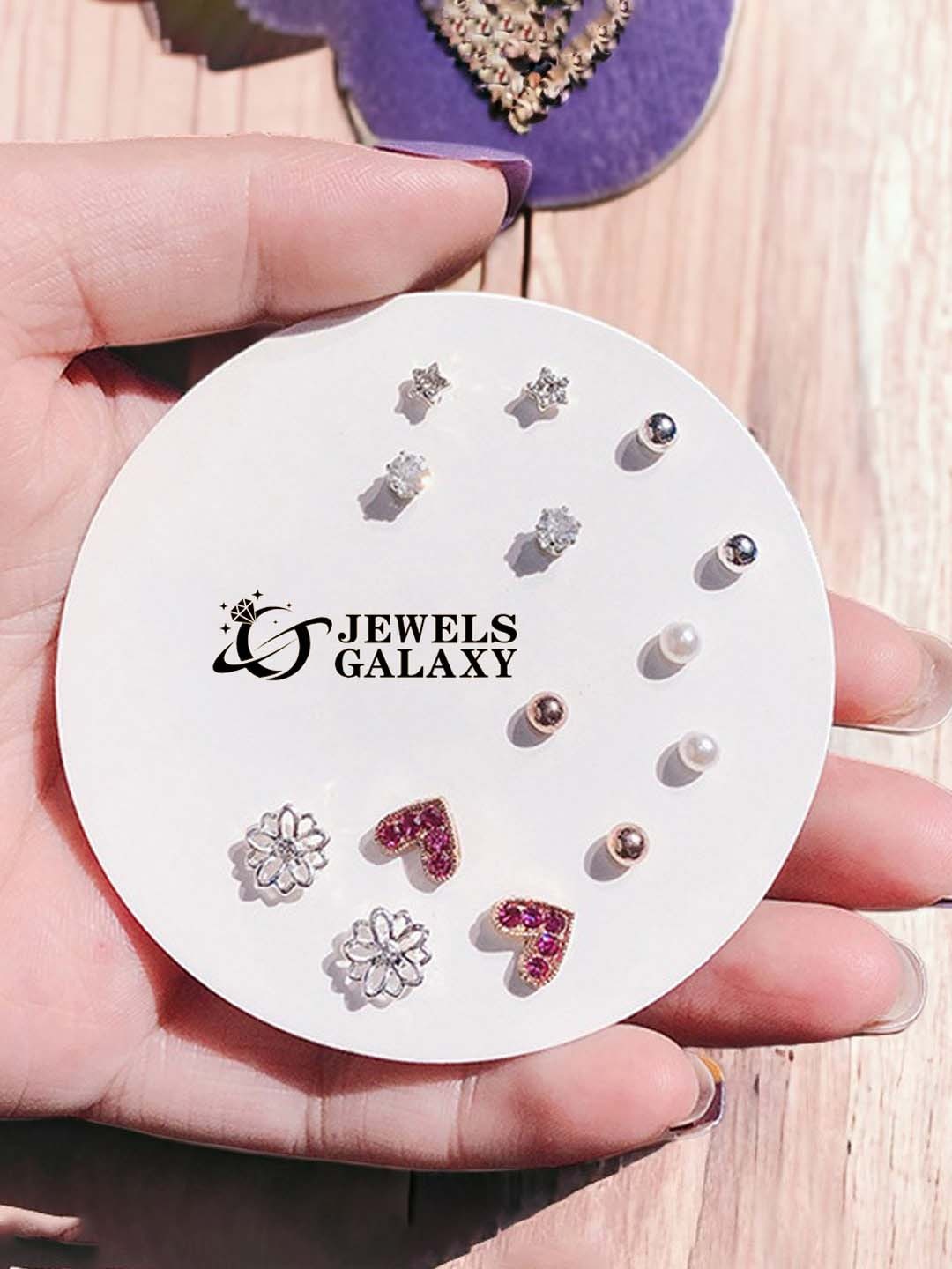 Jewels Galaxy Set Of 7 Silver-Plated Crystals-Studded Contemporary Studs Earrings
Jewels Galaxy Set Of 7 Silver-Plated Crystals-Studded Contemporary Studs Earrings