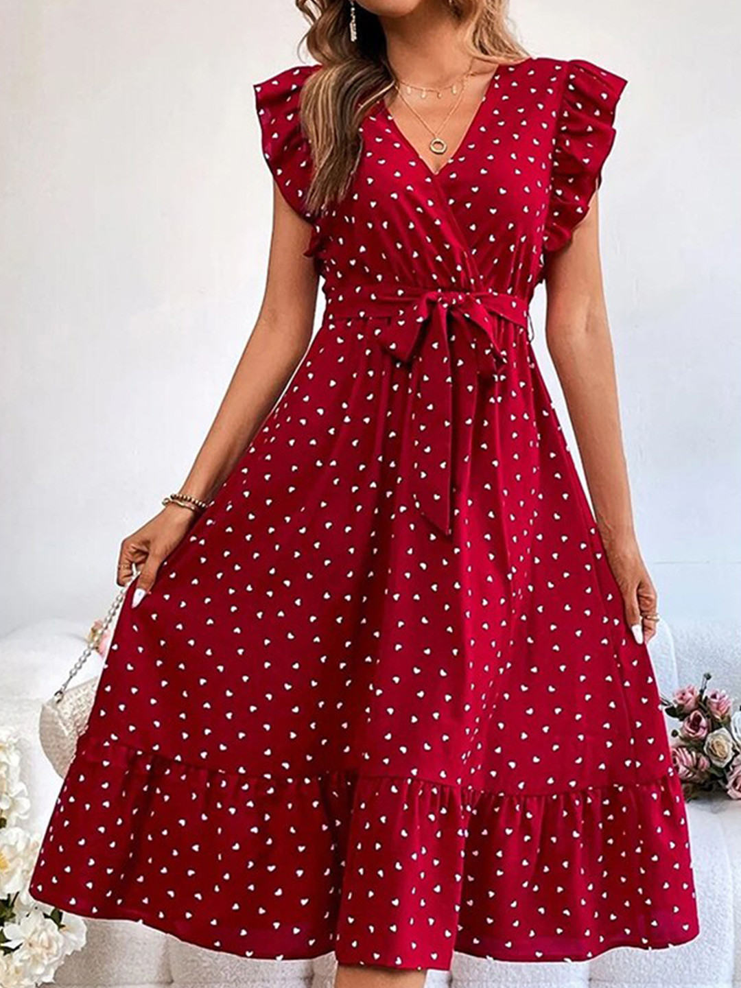 StyleCast x Revolte Polka Dot Printed Flutter Sleeves Tie-Up Detailed A-Line Midi Dress, Red
StyleCast x Revolte Polka Dot Printed Flutter Sleeves Tie-Up Detailed A-Line Midi Dress, Red