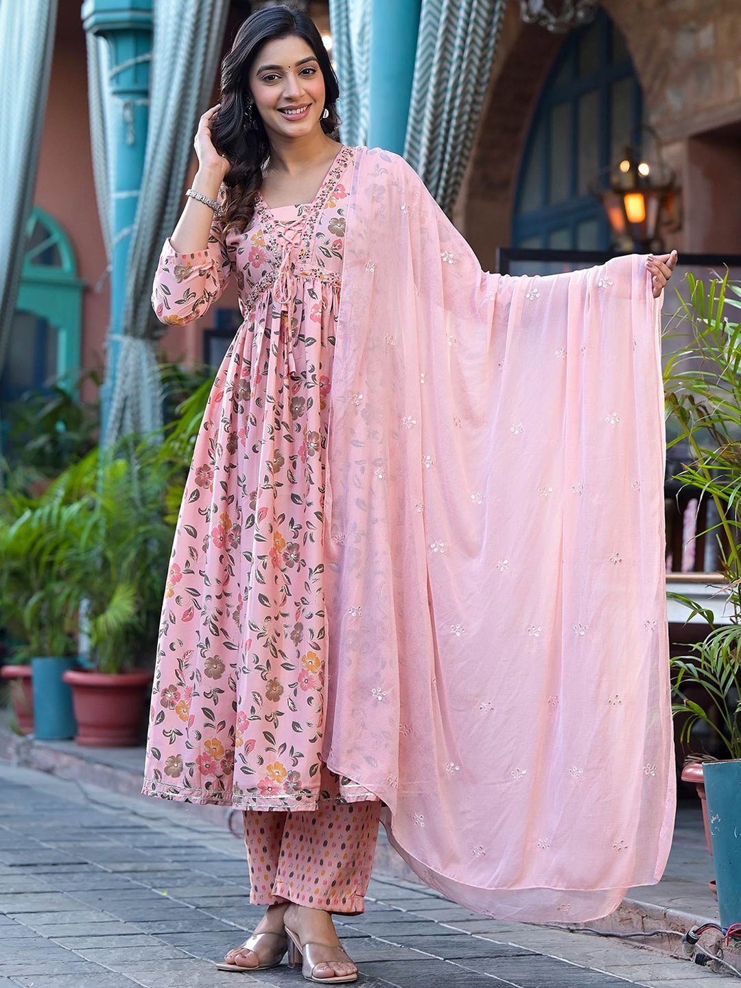 Peachmode Floral Printed Pleated Zardozi Chanderi Silk Kurta with Trousers & Dupatta, Peach
Peachmode Floral Printed Pleated Zardozi Chanderi Silk Kurta with Trousers & Dupatta, Peach