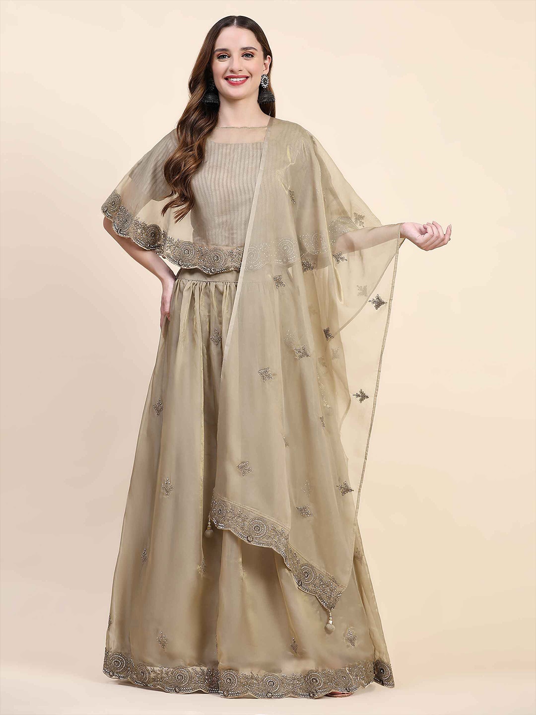AMOHA TRENDZ Embroidered Beads and Stones Ready to Wear Lehenga Choli With Dupatta & Cape, Brown
AMOHA TRENDZ Embroidered Beads and Stones Ready to Wear Lehenga Choli With Dupatta & Cape, Brown