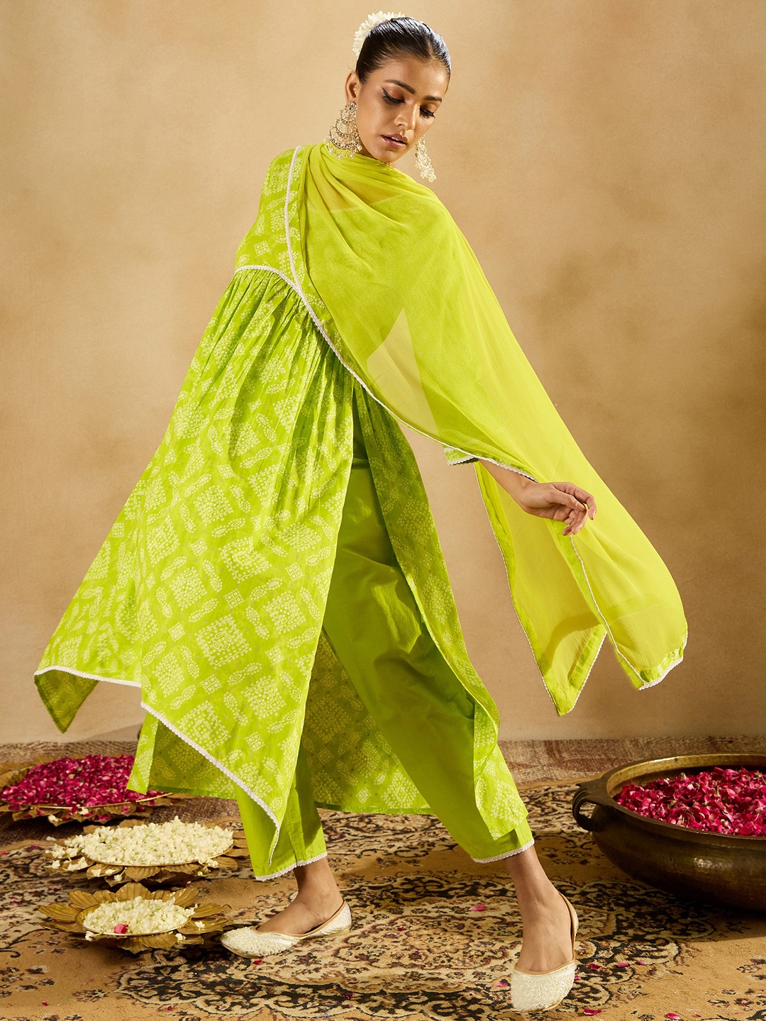 Indo EraBandhani Printed Empire V-Neck Pure Cotton Kurta with Trousers & Dupatta, Green
Indo EraBandhani Printed Empire V-Neck Pure Cotton Kurta with Trousers & Dupatta, Green