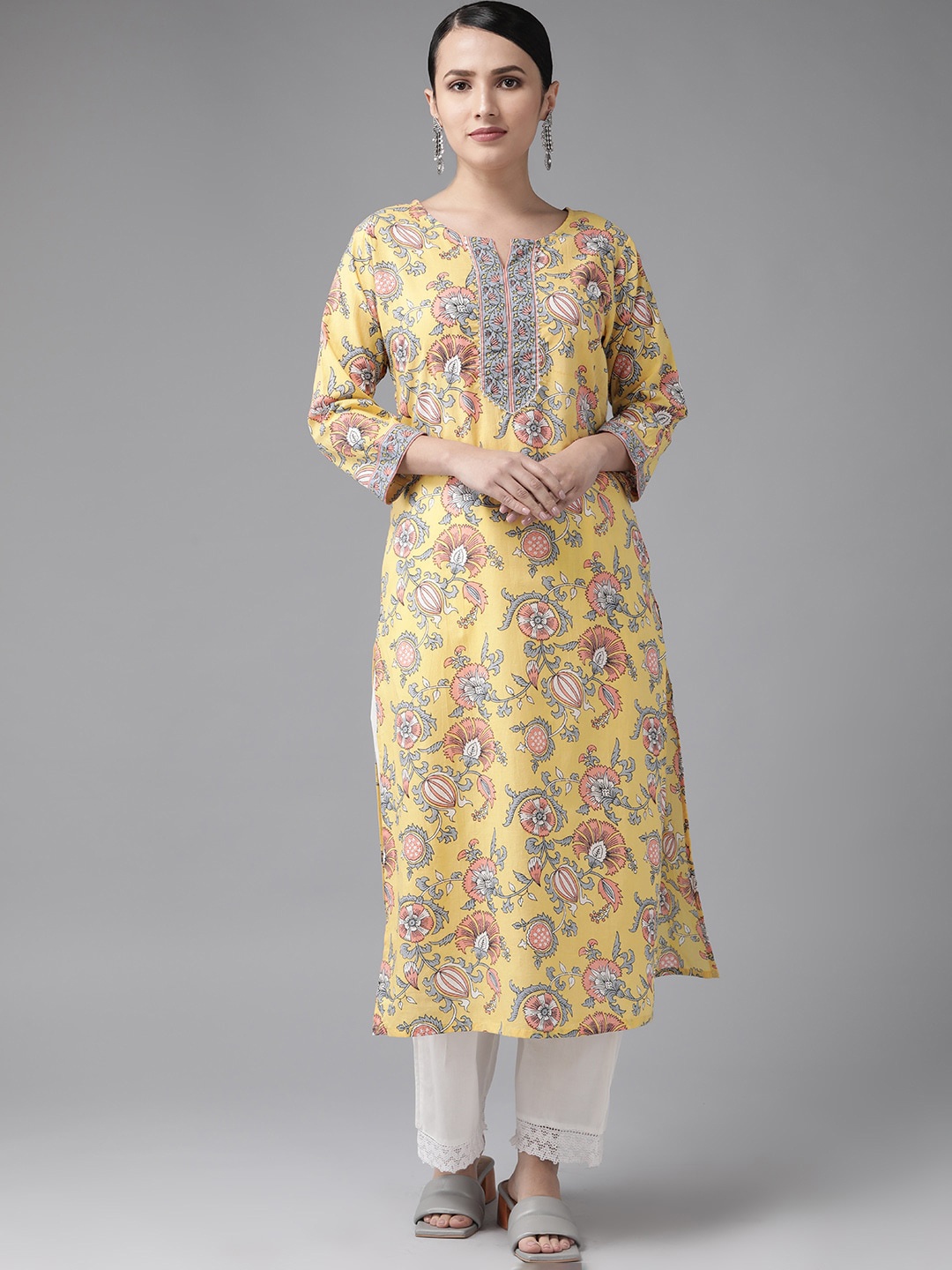 KALINI Floral Printed Three-Quarter Sleeves Gotta Patti Cotton Straight Kurta, Yellow
KALINI Floral Printed Three-Quarter Sleeves Gotta Patti Cotton Straight Kurta, Yellow