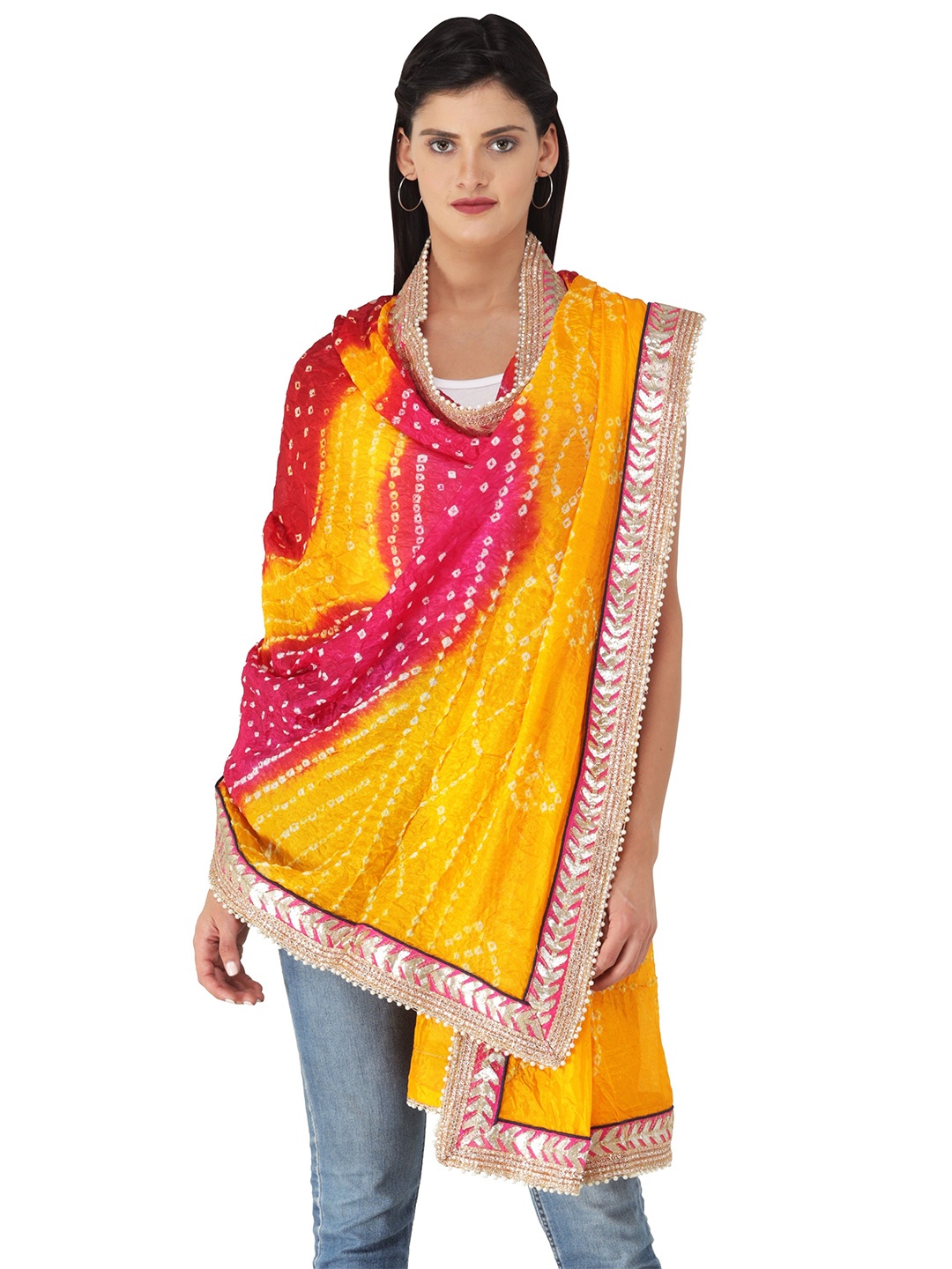 Exotic India Multicolor Tie-Dye Bandhani Silk Dupatta with Zari Patch Border & Beadwork, Yellow
Exotic India Multicolor Tie-Dye Bandhani Silk Dupatta with Zari Patch Border & Beadwork, Yellow
