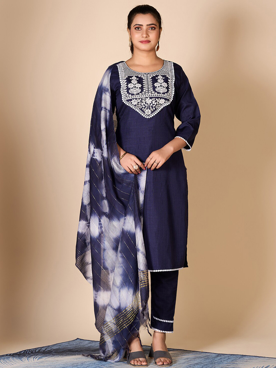 A.V.M Prints Floral Embroidered Pure Silk Straight Kurta With Trousers & Dupatta, Blue
A.V.M Prints Floral Embroidered Pure Silk Straight Kurta With Trousers & Dupatta, Blue