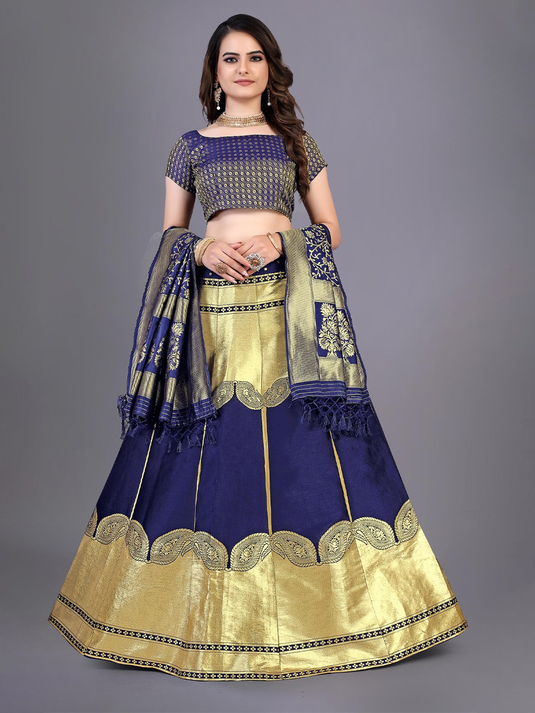 Rujave Woven Design Zari Semi-Stitched Lehenga & Unstitched Blouse With Dupatta, Navy blue
Rujave Woven Design Zari Semi-Stitched Lehenga & Unstitched Blouse With Dupatta, Navy blue