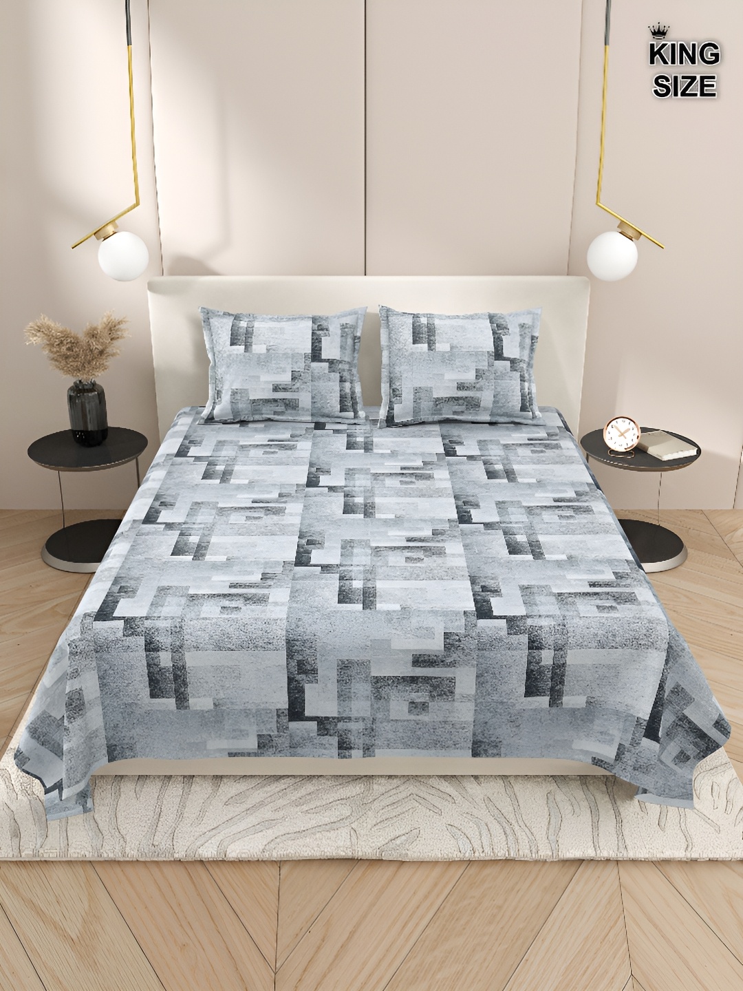 DREAM WEAVERZ Grey & White Geometric Cotton 220 TC King Bedsheet with 2 Pillow Covers
DREAM WEAVERZ Grey & White Geometric Cotton 220 TC King Bedsheet with 2 Pillow Covers