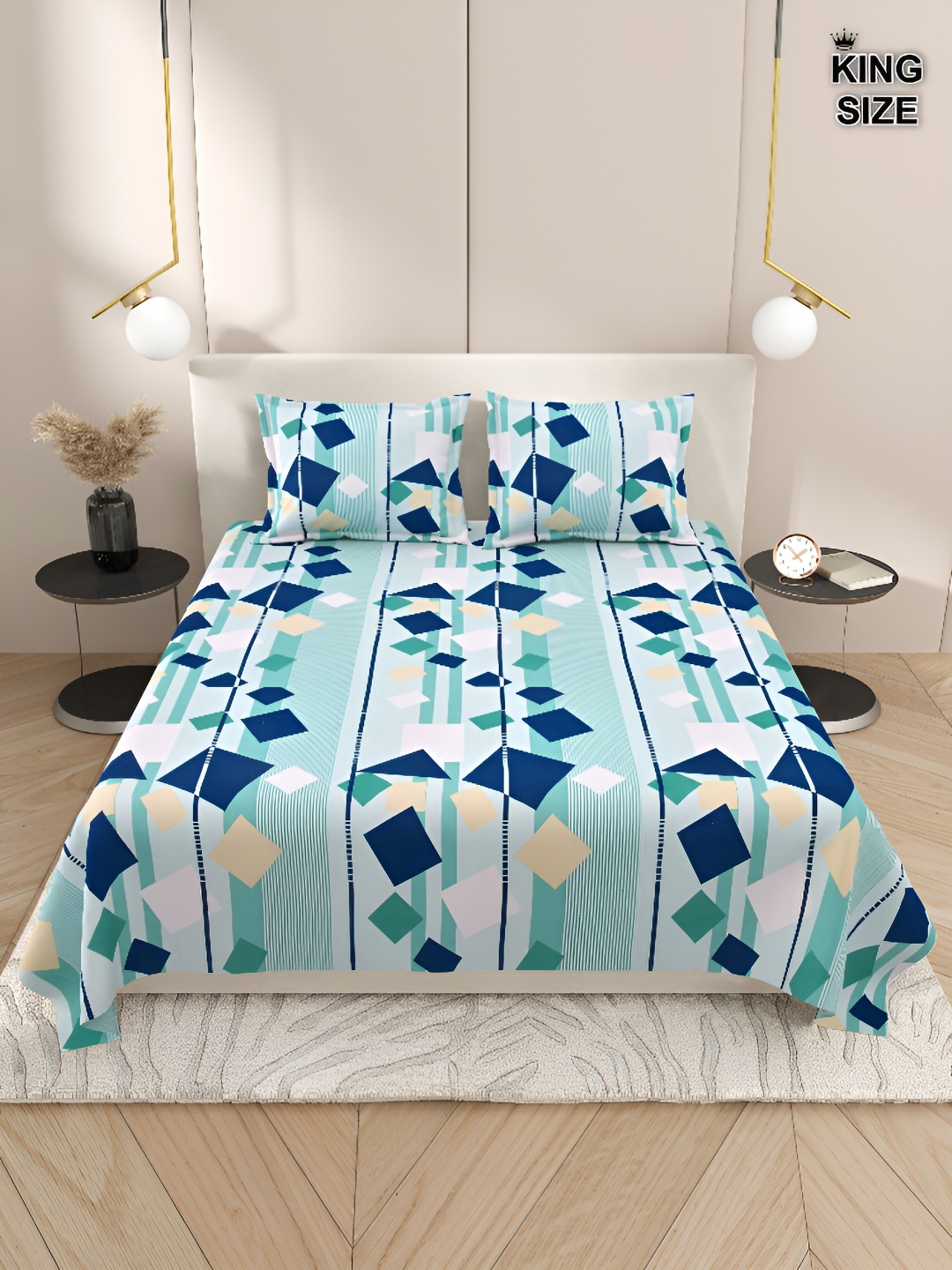 DREAM WEAVERZ Green & Blue Geometric Cotton 220 TC King Bedsheet With 2 Pillow Covers
DREAM WEAVERZ Green & Blue Geometric Cotton 220 TC King Bedsheet With 2 Pillow Covers