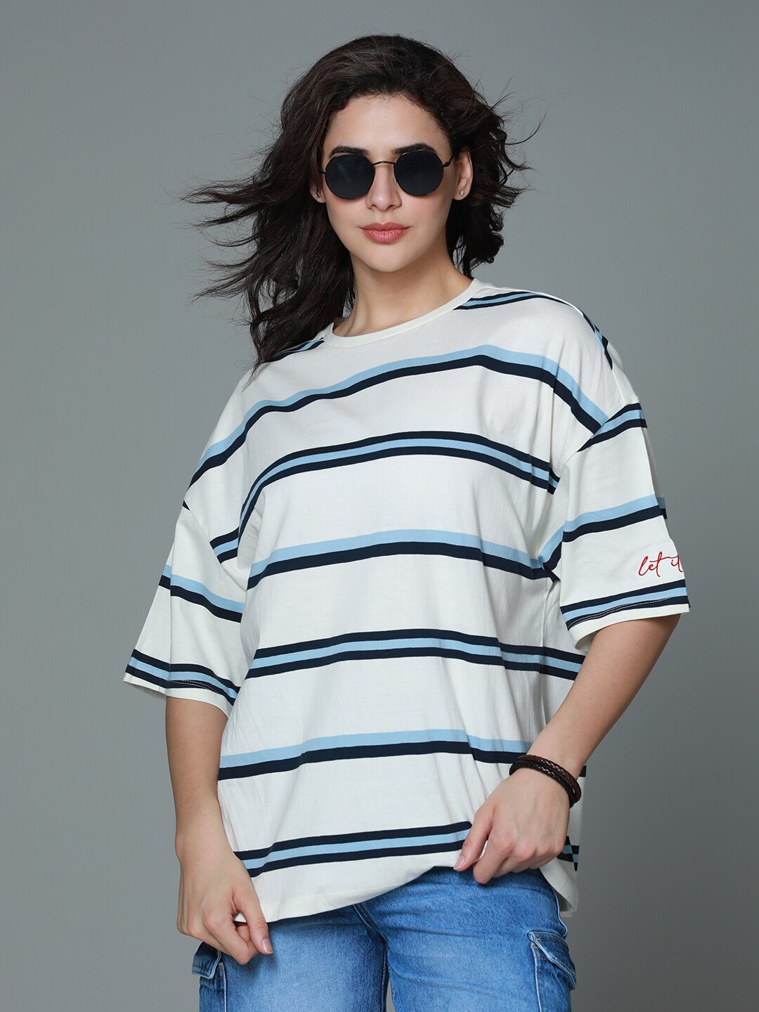 High Star Striped Round Neck Drop-Shoulder Sleeves Cotton Oversized T-shirt, White
High Star Striped Round Neck Drop-Shoulder Sleeves Cotton Oversized T-shirt, White