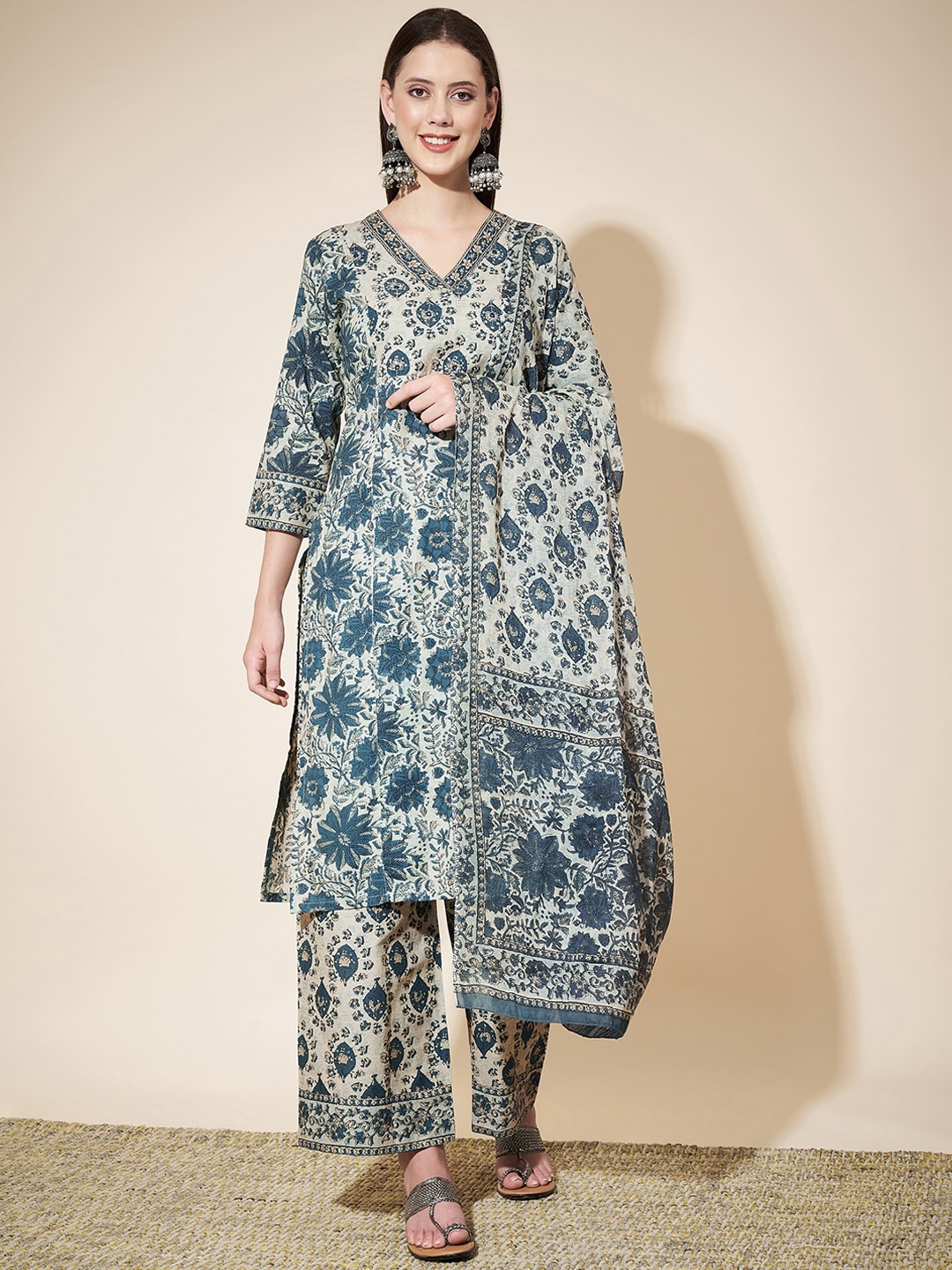 Vbuyz Blue Floral Printed Mirror Work Pure Cotton Straight Kurta With Palazzos & Dupatta
Vbuyz Blue Floral Printed Mirror Work Pure Cotton Straight Kurta With Palazzos & Dupatta