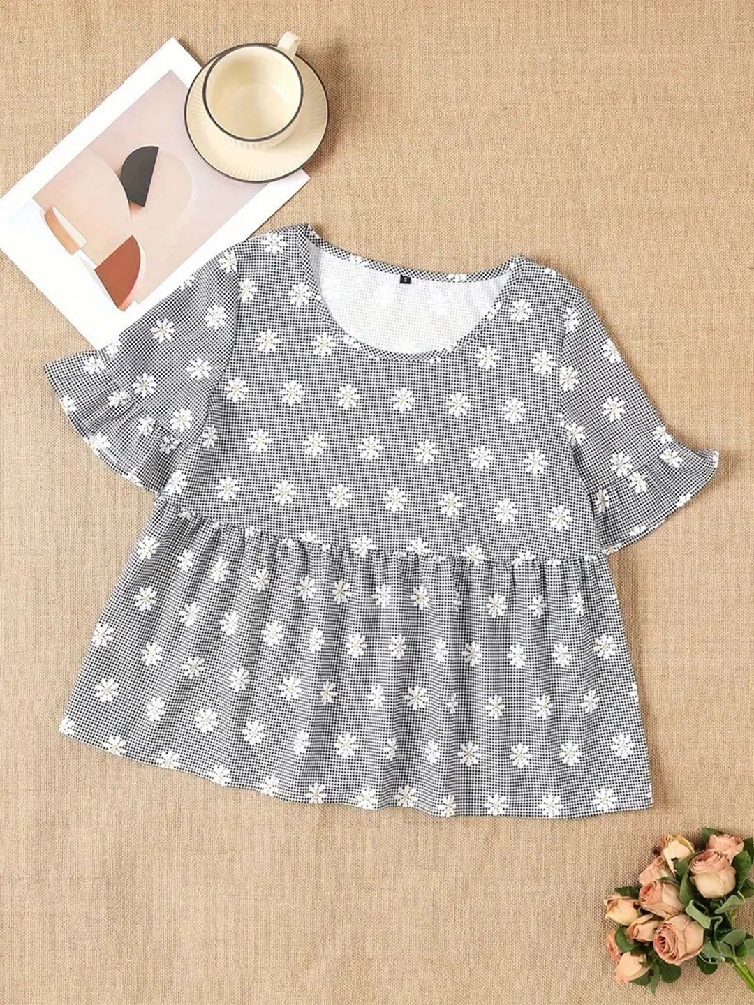 Dream Beauty Fashion Round Neck Polka Dot Printed Short Sleeves Ruffles Top, Grey
Dream Beauty Fashion Round Neck Polka Dot Printed Short Sleeves Ruffles Top, Grey