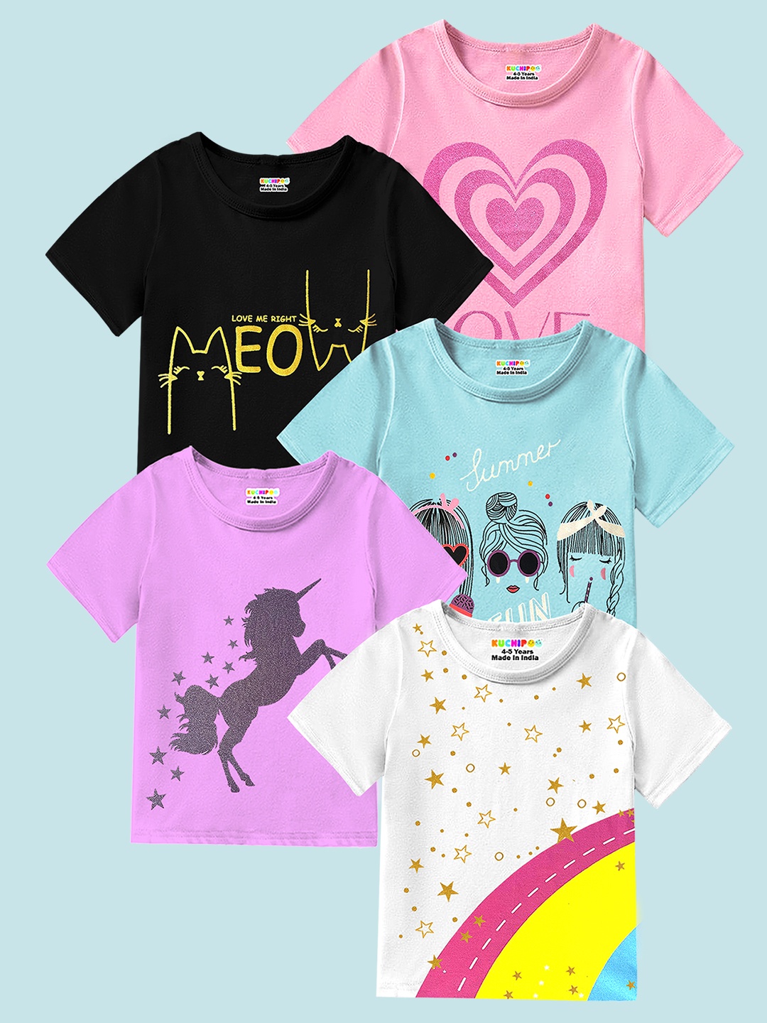KUCHIPOO Girls Pack of 5 Round Neck Short Sleeves Graphic Printed Cotton T-shirts, Purple
KUCHIPOO Girls Pack of 5 Round Neck Short Sleeves Graphic Printed Cotton T-shirts, Purple