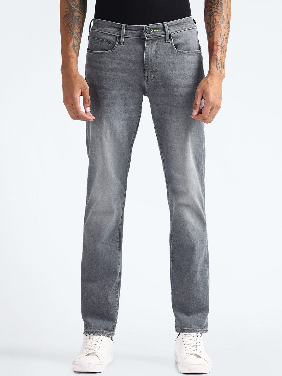 Flying Machine F-Lite Men Mid-Rise Straight Fit Heavy Fade Stretchable Jeans, Grey