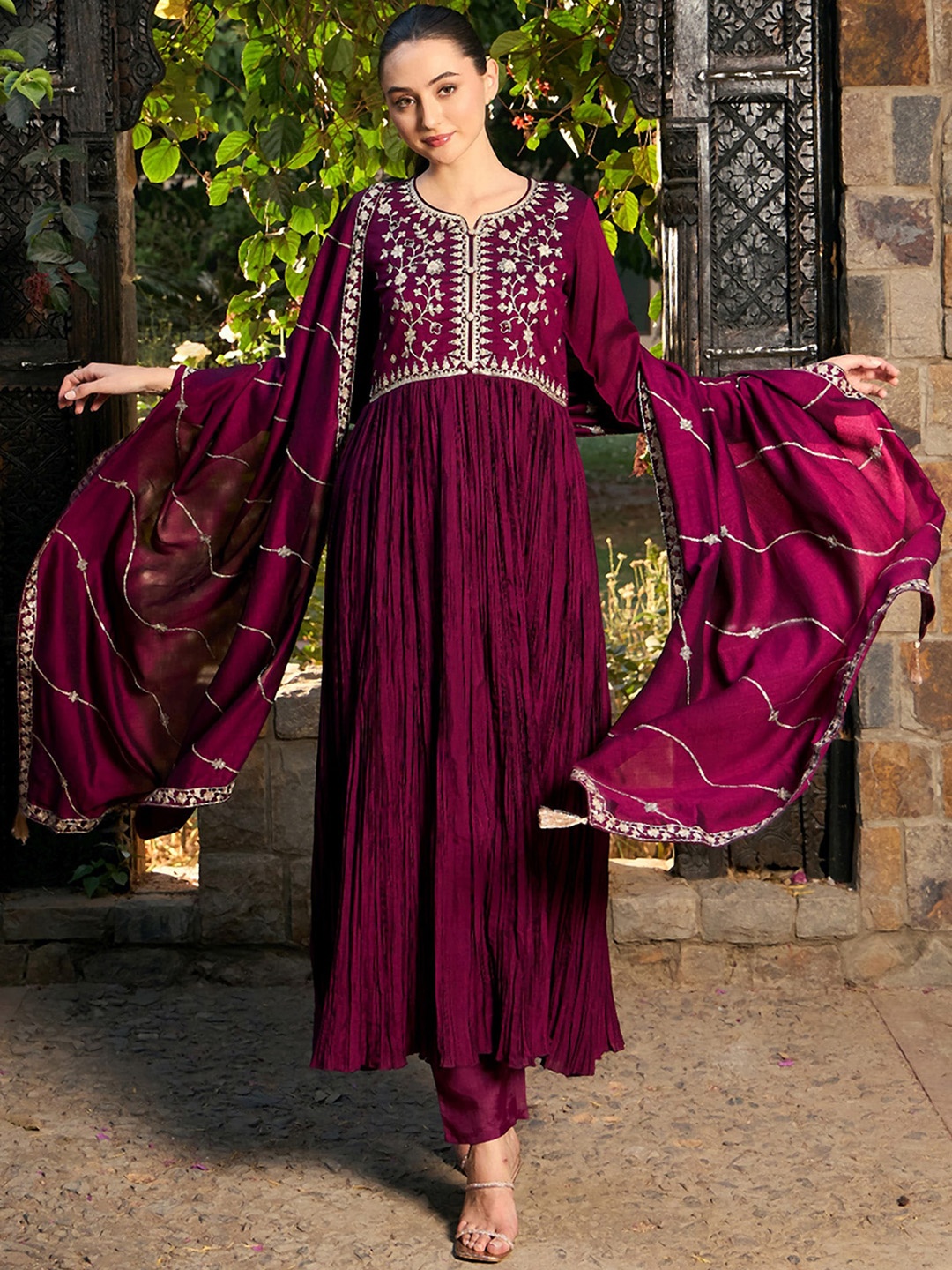 Indo Era Floral Embroidered Round Neck Pleated A-Line Kurta with Trousers & With Dupatta, Burgundy
Indo Era Floral Embroidered Round Neck Pleated A-Line Kurta with Trousers & With Dupatta, Burgundy