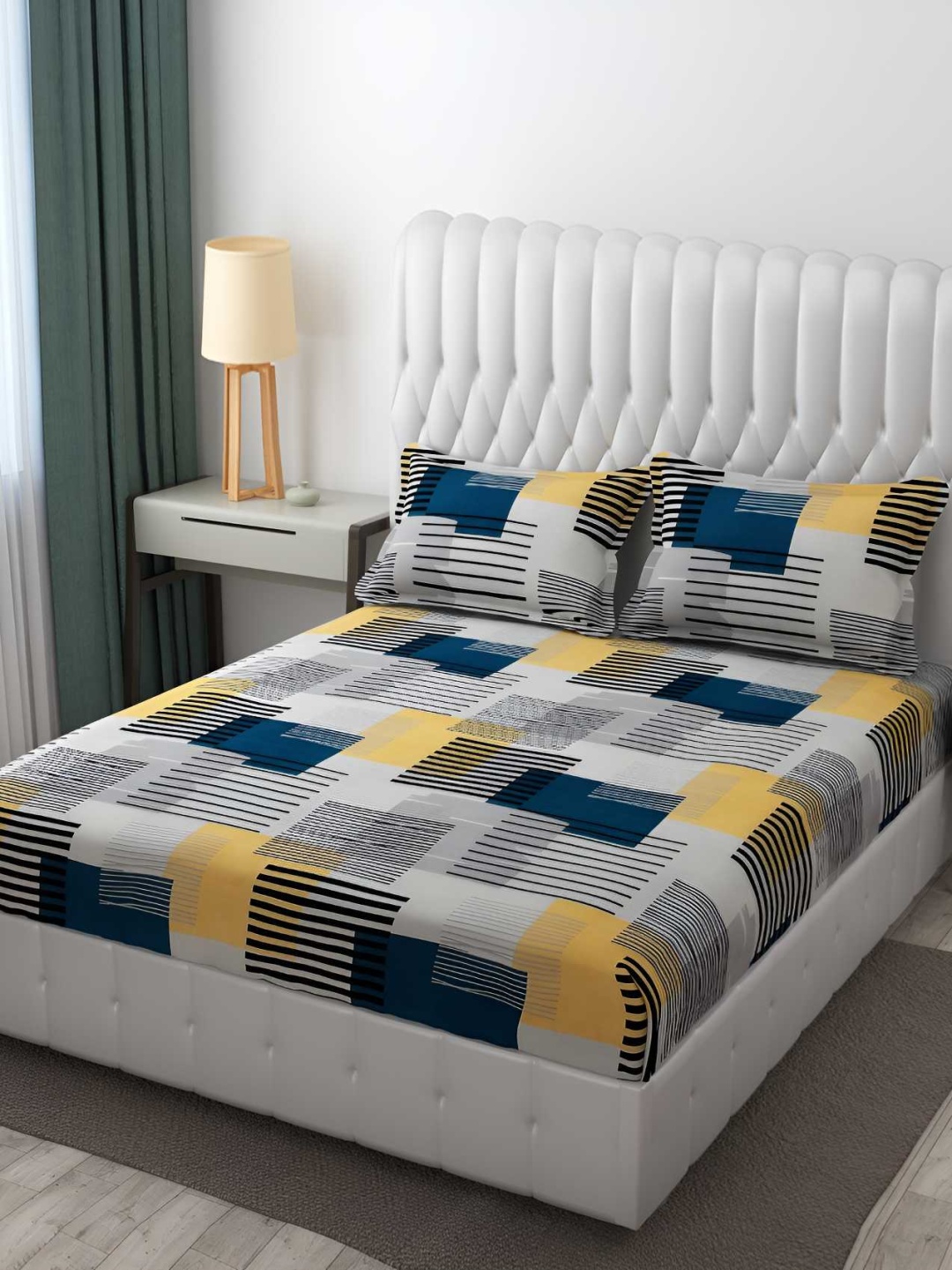 Bajo's Grey & Yellow Geometric Cotton 250 TC Fitted Queen Bedsheet With 2 Pillow Covers
Bajo's Grey & Yellow Geometric Cotton 250 TC Fitted Queen Bedsheet With 2 Pillow Covers