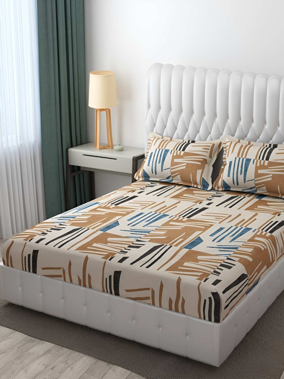 Bajo's Beige & Blue Geometric Cotton 250 TC Fitted Queen Bedsheet With 2 Pillow Covers
Bajo's Beige & Blue Geometric Cotton 250 TC Fitted Queen Bedsheet With 2 Pillow Covers
