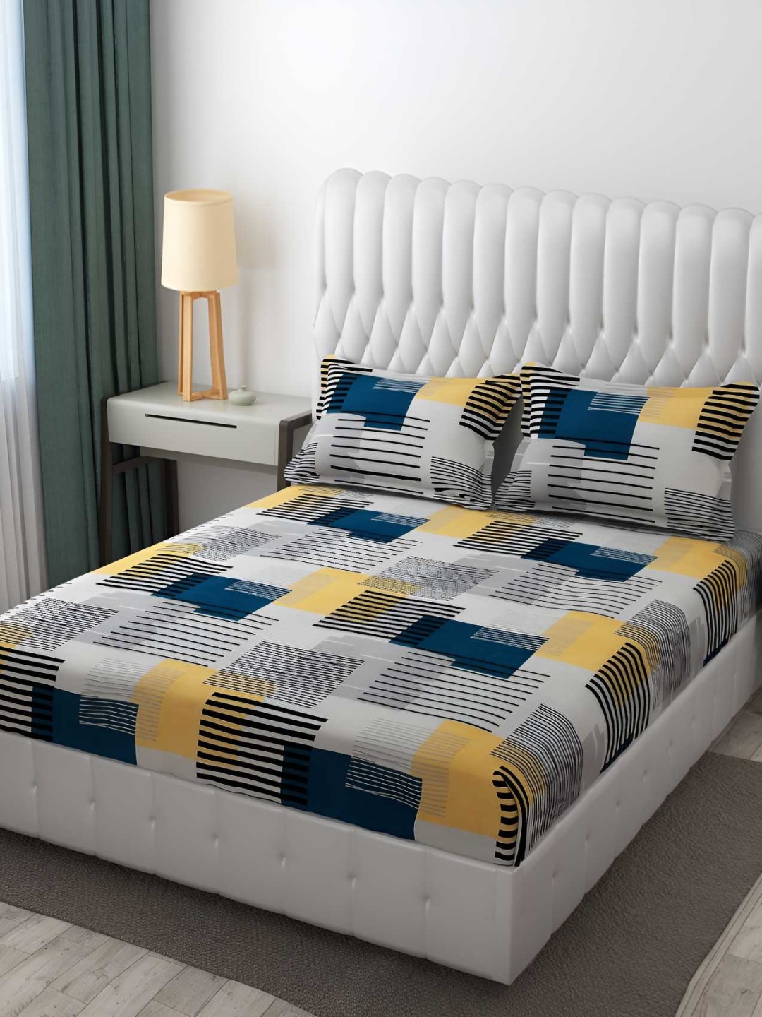 Bajo's Grey & Blue Geometric Cotton 250 TC Fitted Queen Bedsheet With 2 Pillow Covers
Bajo's Grey & Blue Geometric Cotton 250 TC Fitted Queen Bedsheet With 2 Pillow Covers