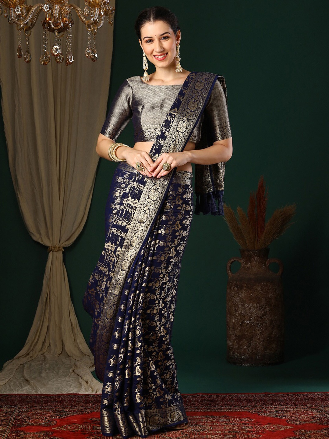 Anouk Ethnic Motifs Woven Design Zari Pure Georgette Kanjeevaram Saree, Navy blue
Anouk Ethnic Motifs Woven Design Zari Pure Georgette Kanjeevaram Saree, Navy blue