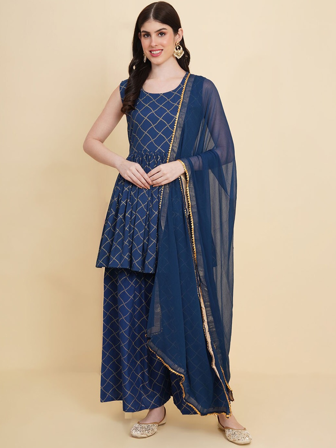 Meena Bazaar Checked Printed Round Neck Sleeveless A-Line Kurta with Sharara & Dupatta, Blue
Meena Bazaar Checked Printed Round Neck Sleeveless A-Line Kurta with Sharara & Dupatta, Blue