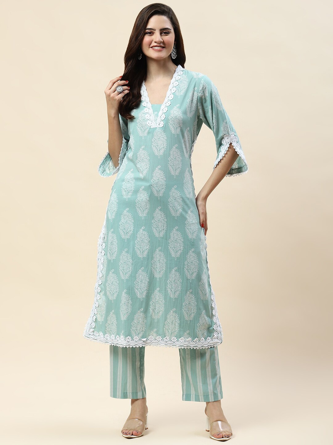 Meena Bazaar Floral Printed V-Neck Calf Length Straight Kurta With Trouser, Sea green
Meena Bazaar Floral Printed V-Neck Calf Length Straight Kurta With Trouser, Sea green