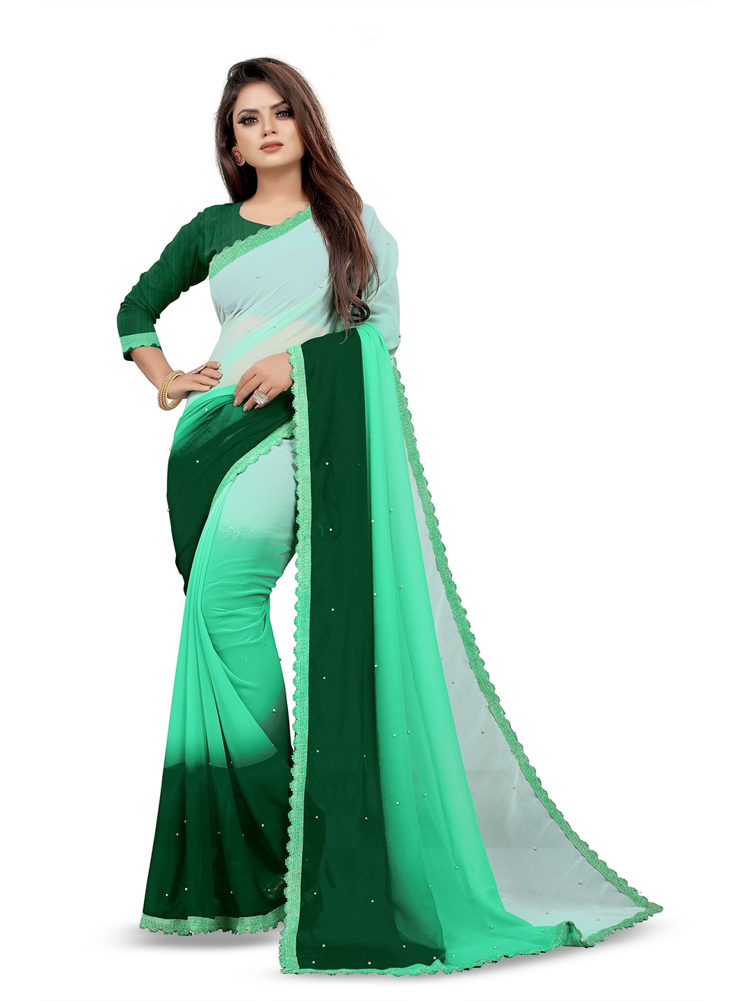 

CARTYSHOP Ombre Beads and Stones Pure Georgette Saree, Green